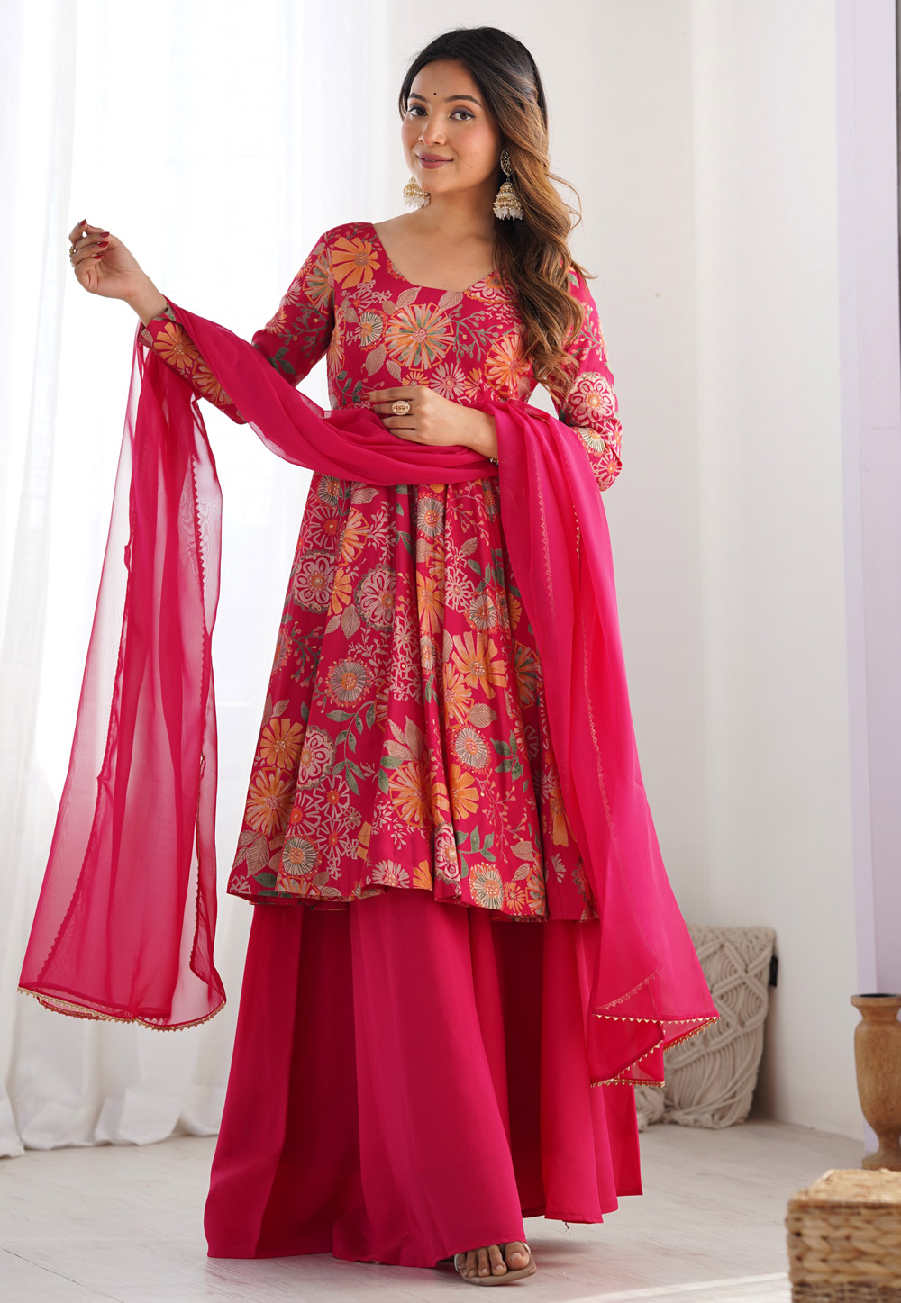 Magenta Silk Readymade Palazzo Suit 306342