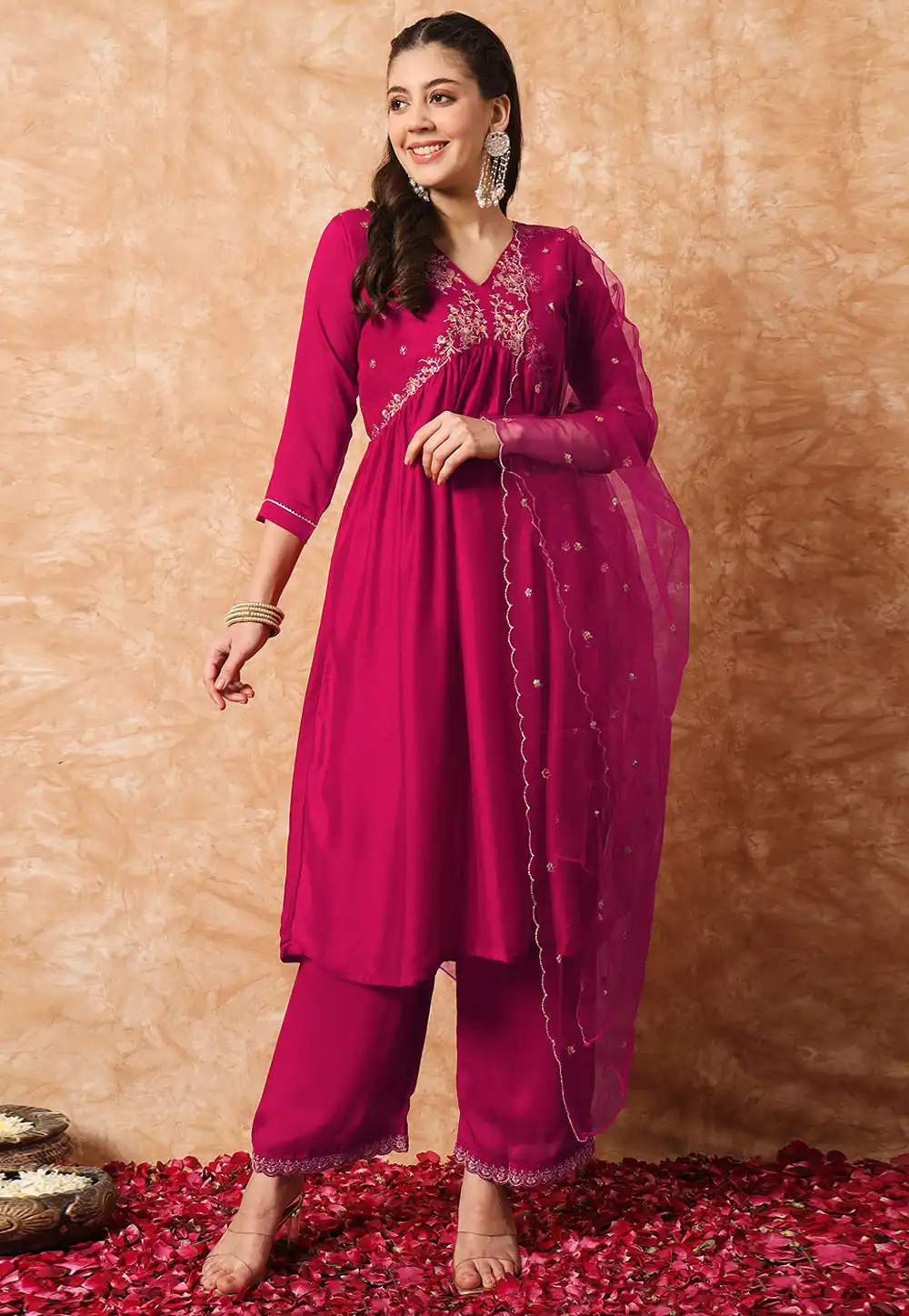 Magenta Silk Readymade Palazzo Suit 291394