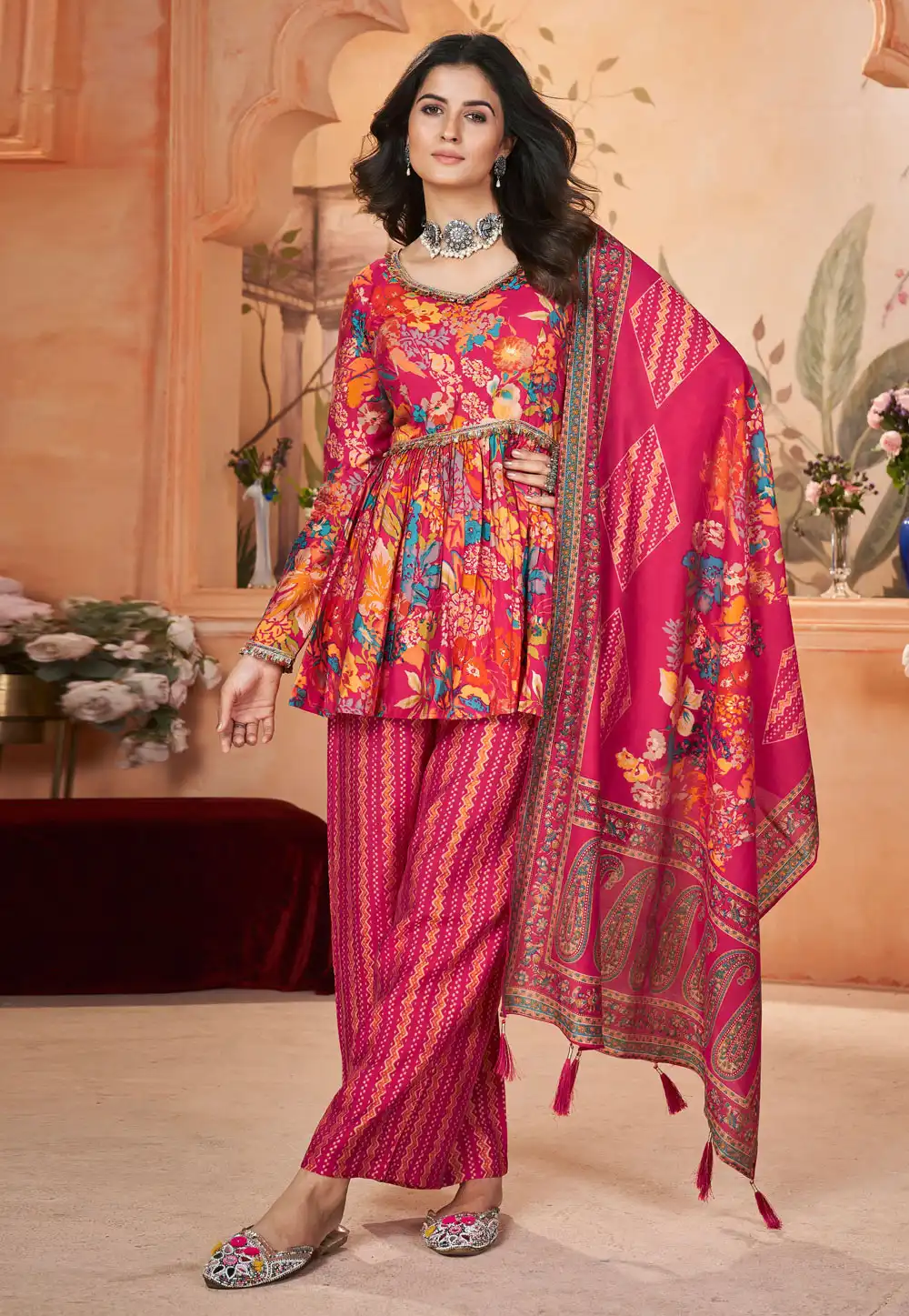 Magenta Silk Readymade Palazzo Suit 294842