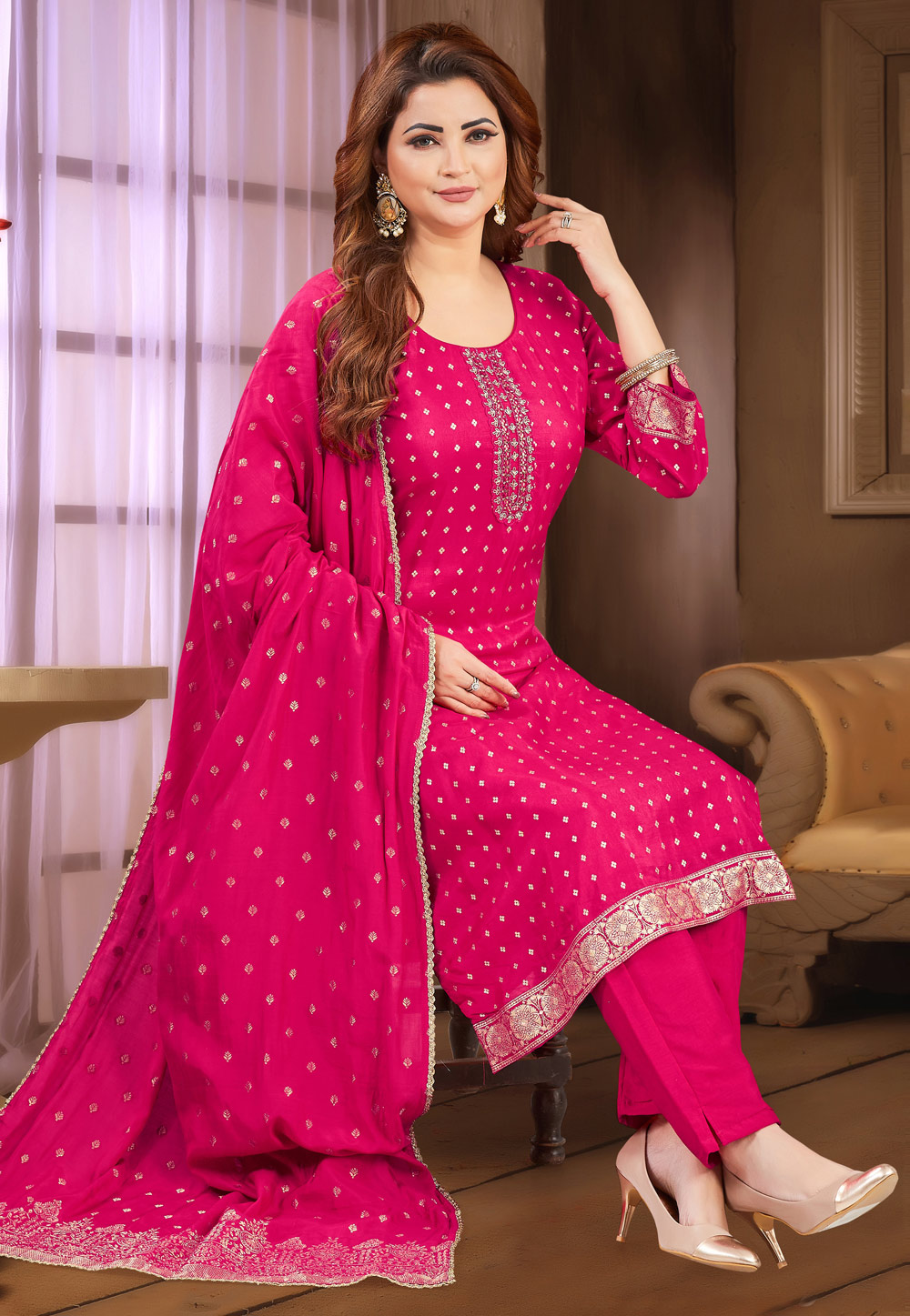 Magenta Silk Readymade Pant Style Suit 305849