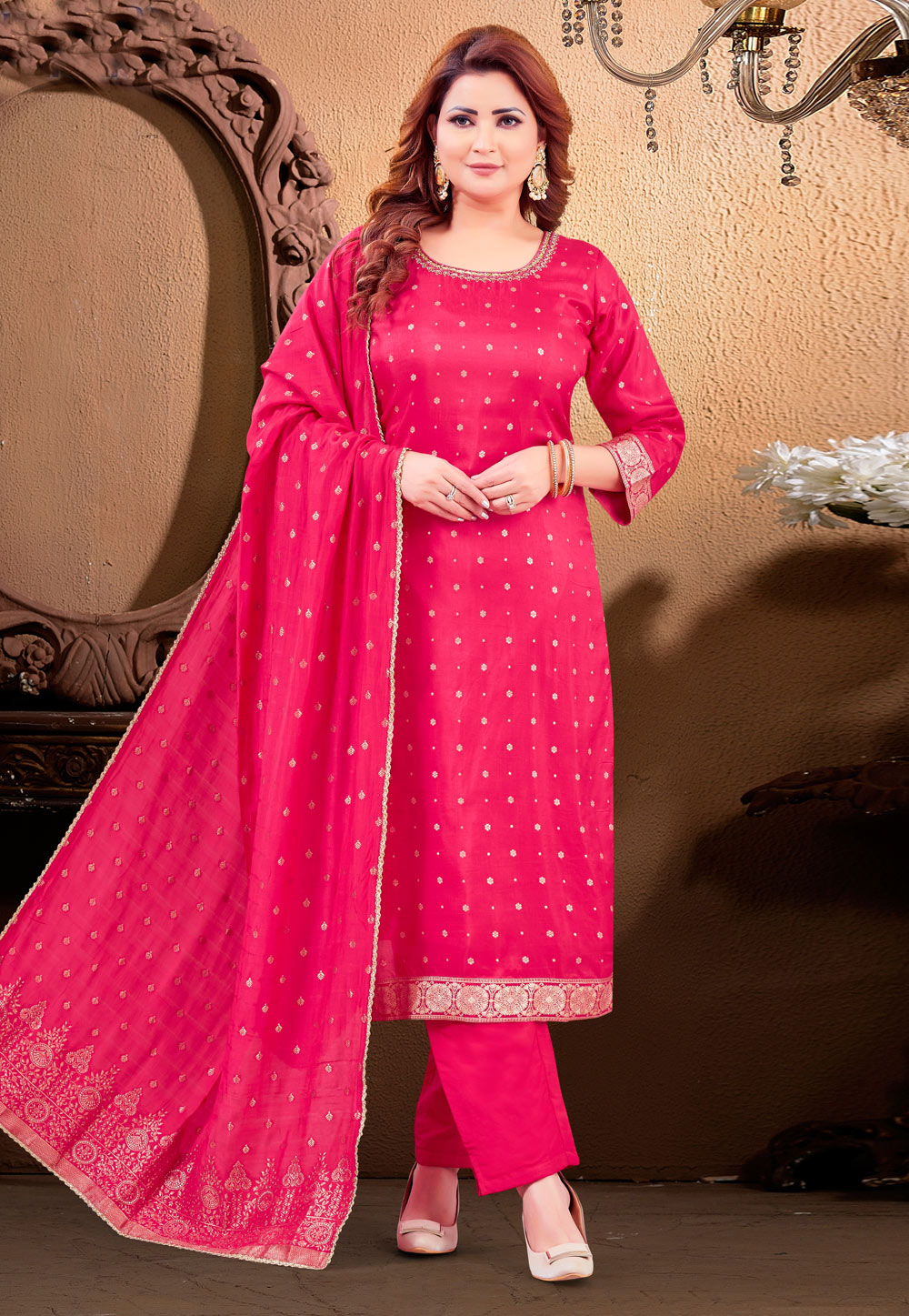 Magenta Silk Readymade Pant Style Suit 305851