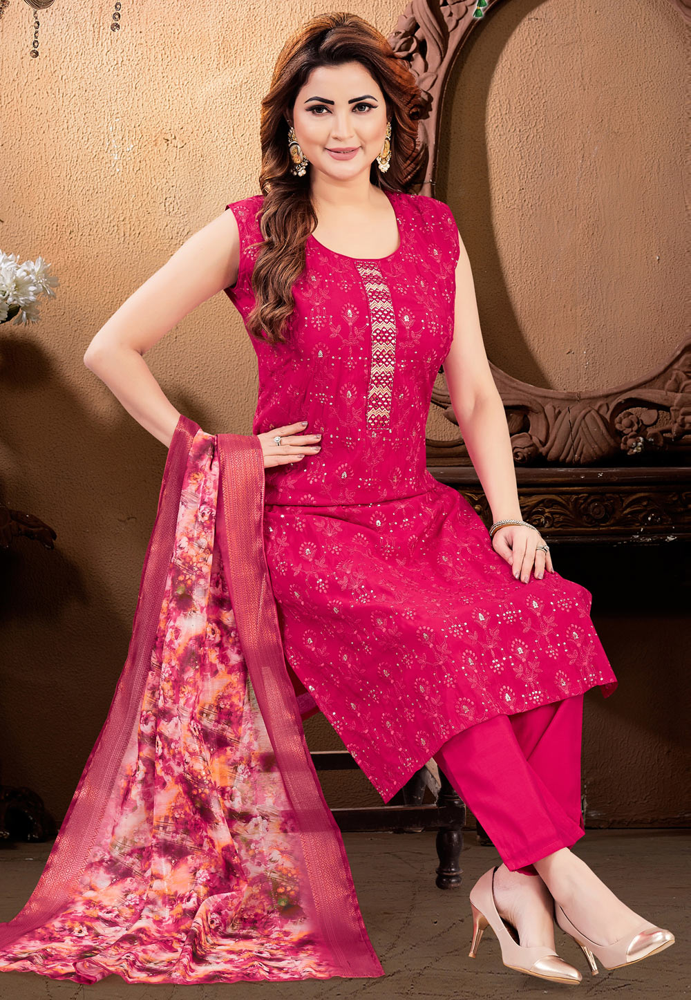 Magenta Silk Readymade Pant Style Suit 305865