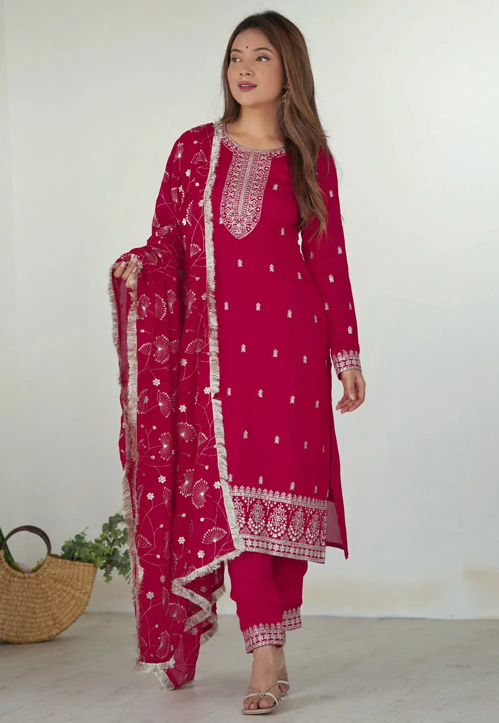 Magenta Silk Readymade Pant Style Suit 303380