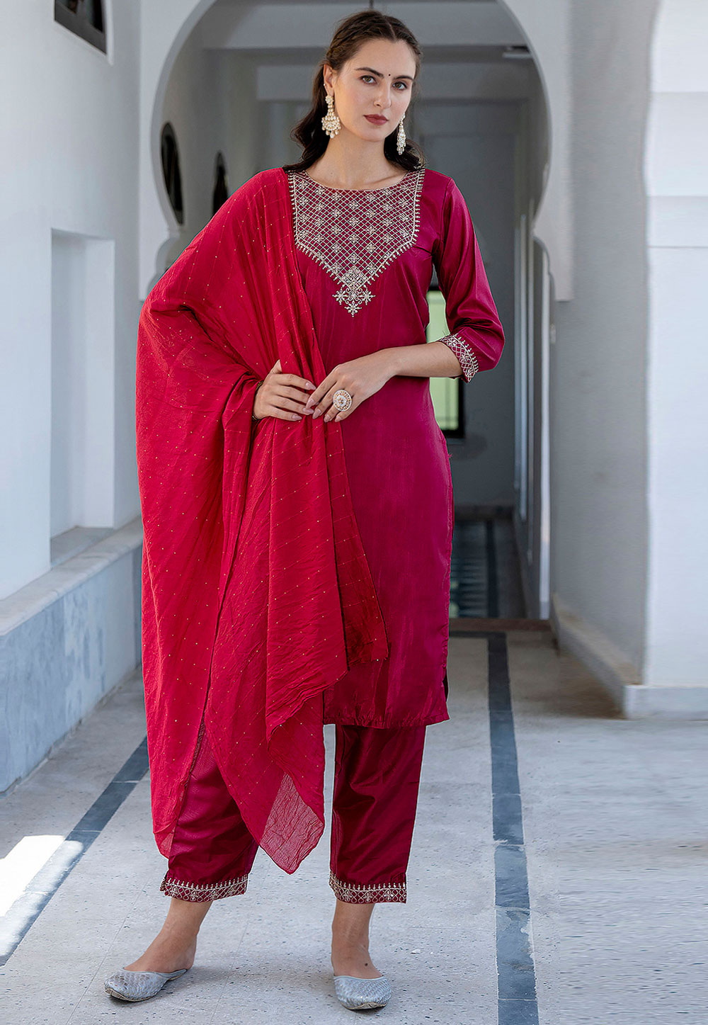 Magenta Silk Readymade Pant Style Suit 310387