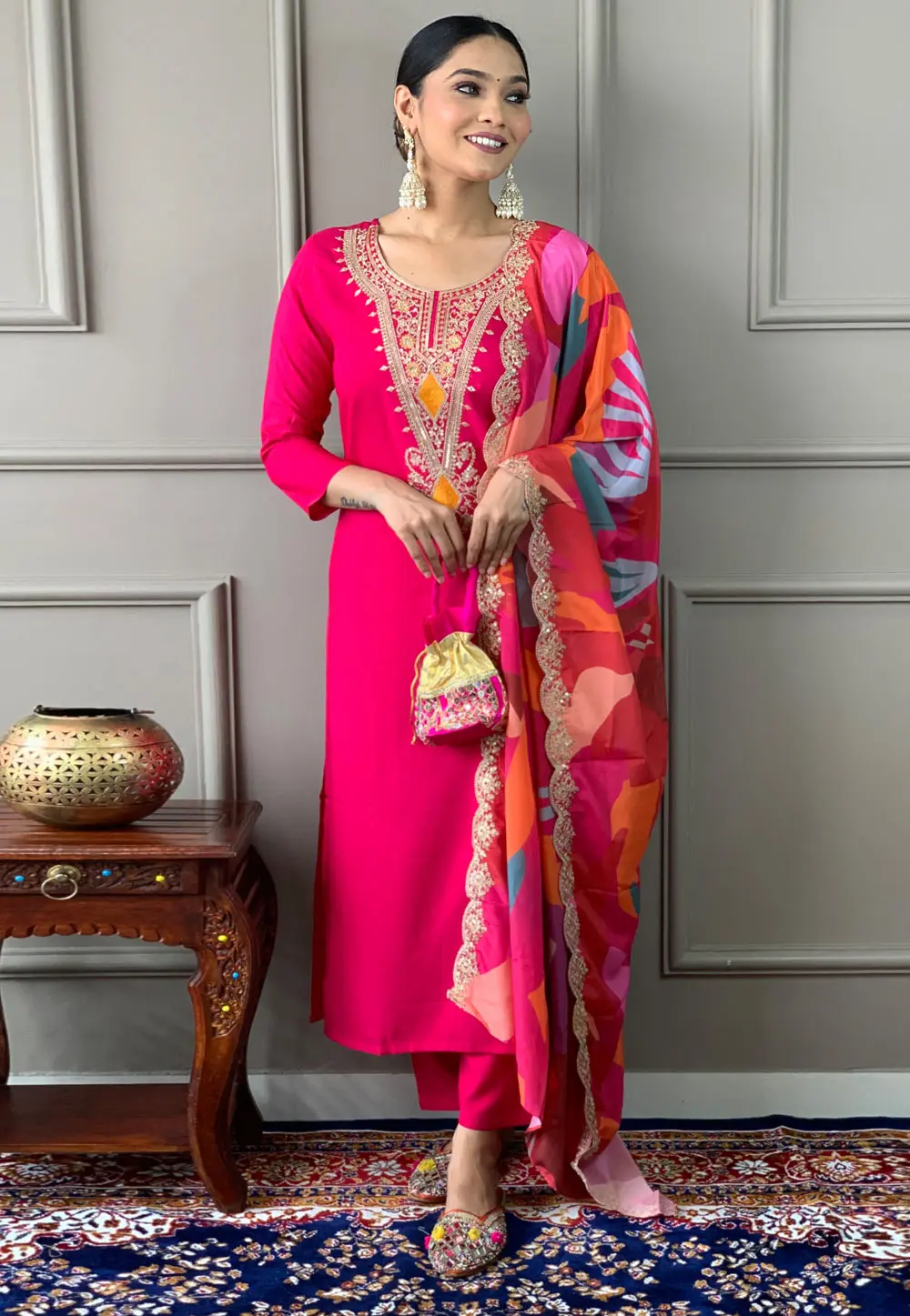 Magenta Silk Readymade Pant Style Suit 298879