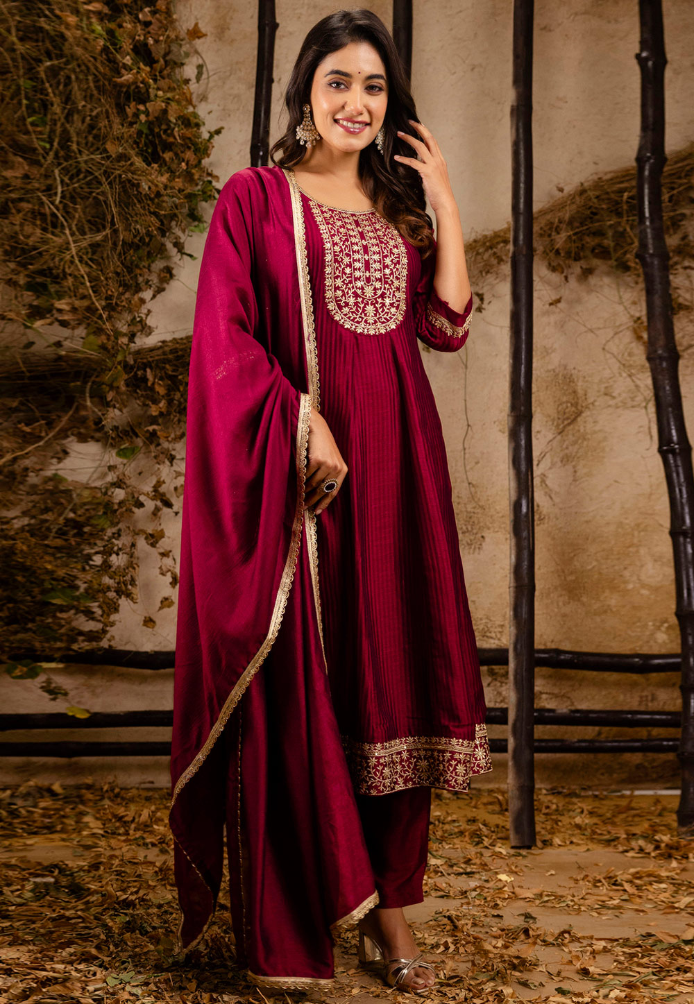 Magenta Silk Readymade Pant Style Suit 309553