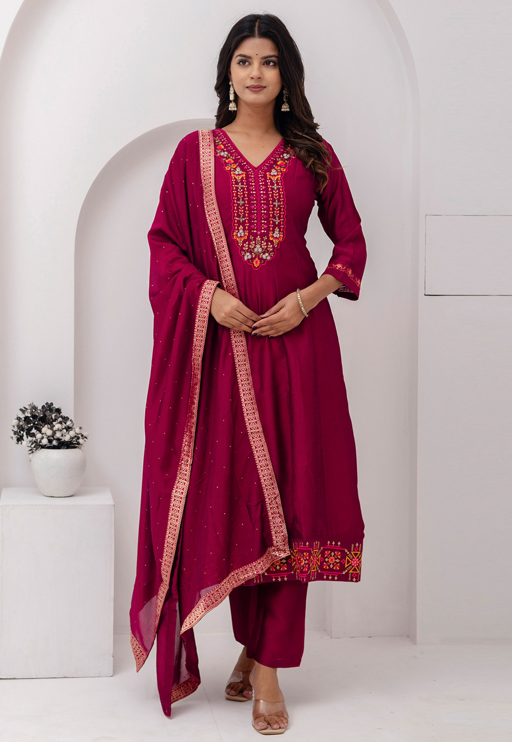 Magenta Silk Readymade Pant Style Suit 309696
