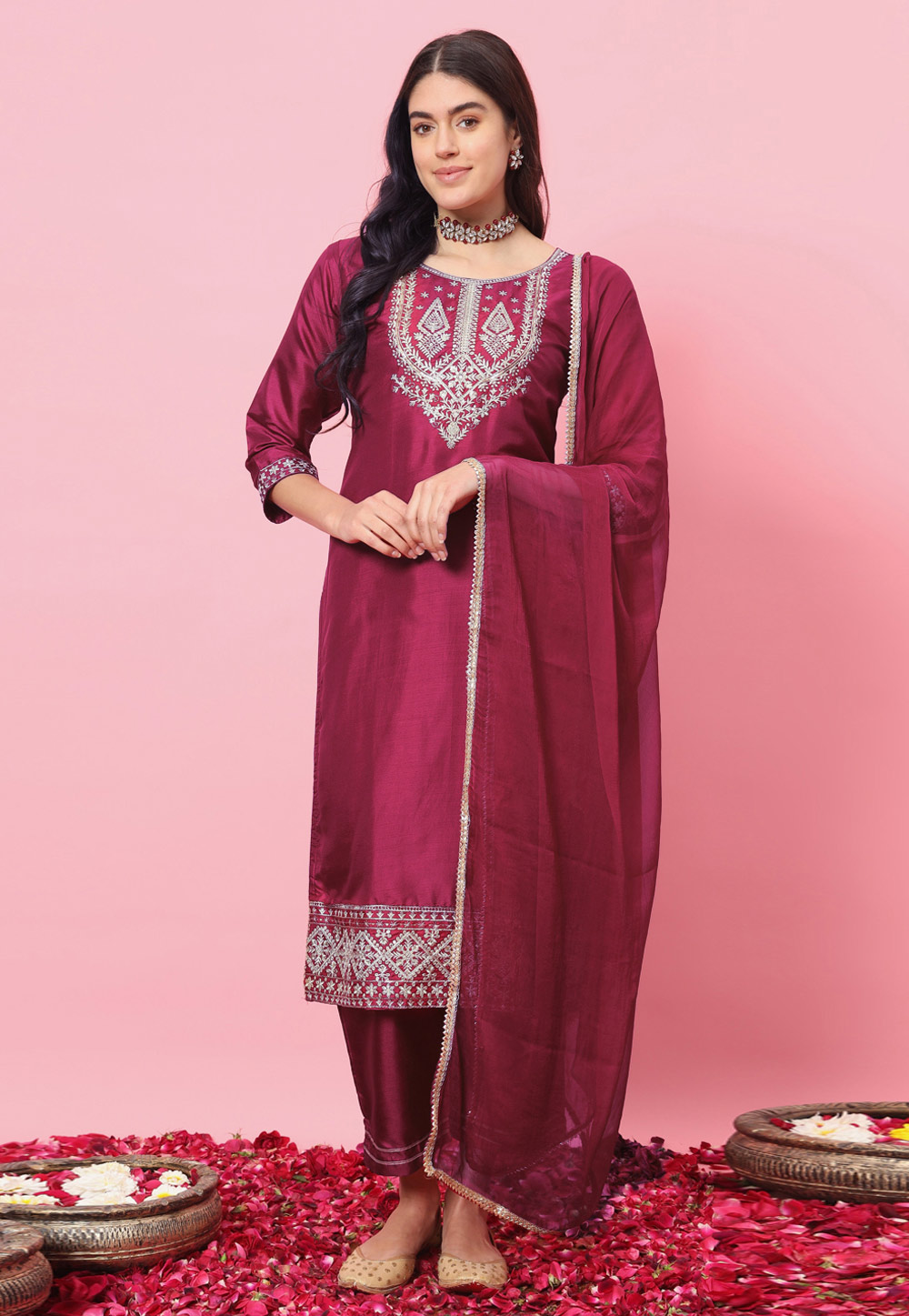 Magenta Silk Readymade Pant Style Suit 310859