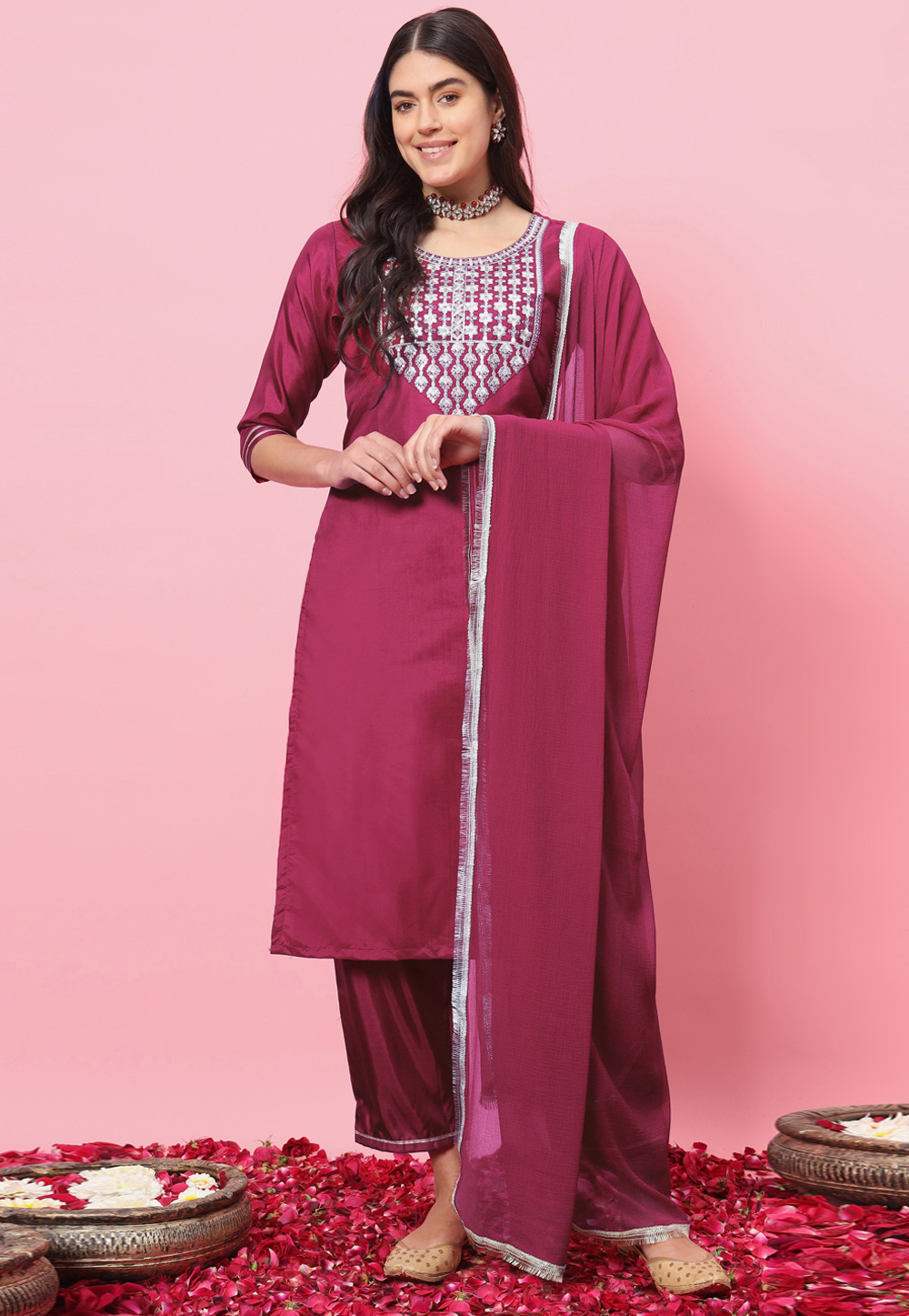 Magenta Silk Readymade Pant Style Suit 310863