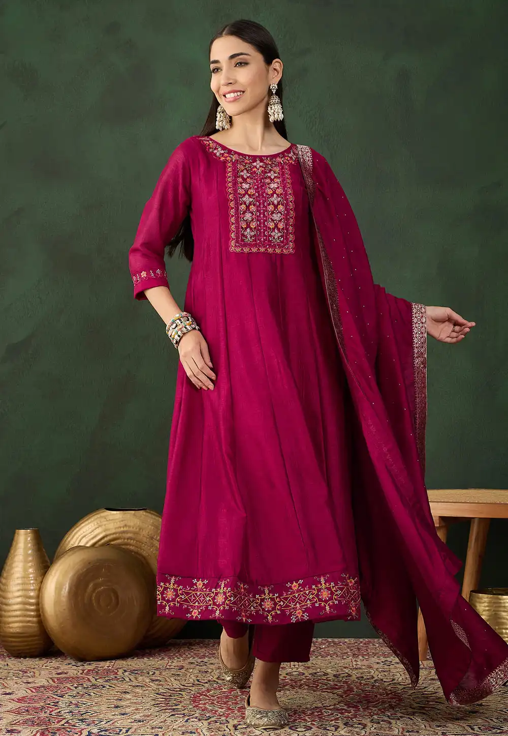 Magenta Silk Readymade Pant Style Suit 293526