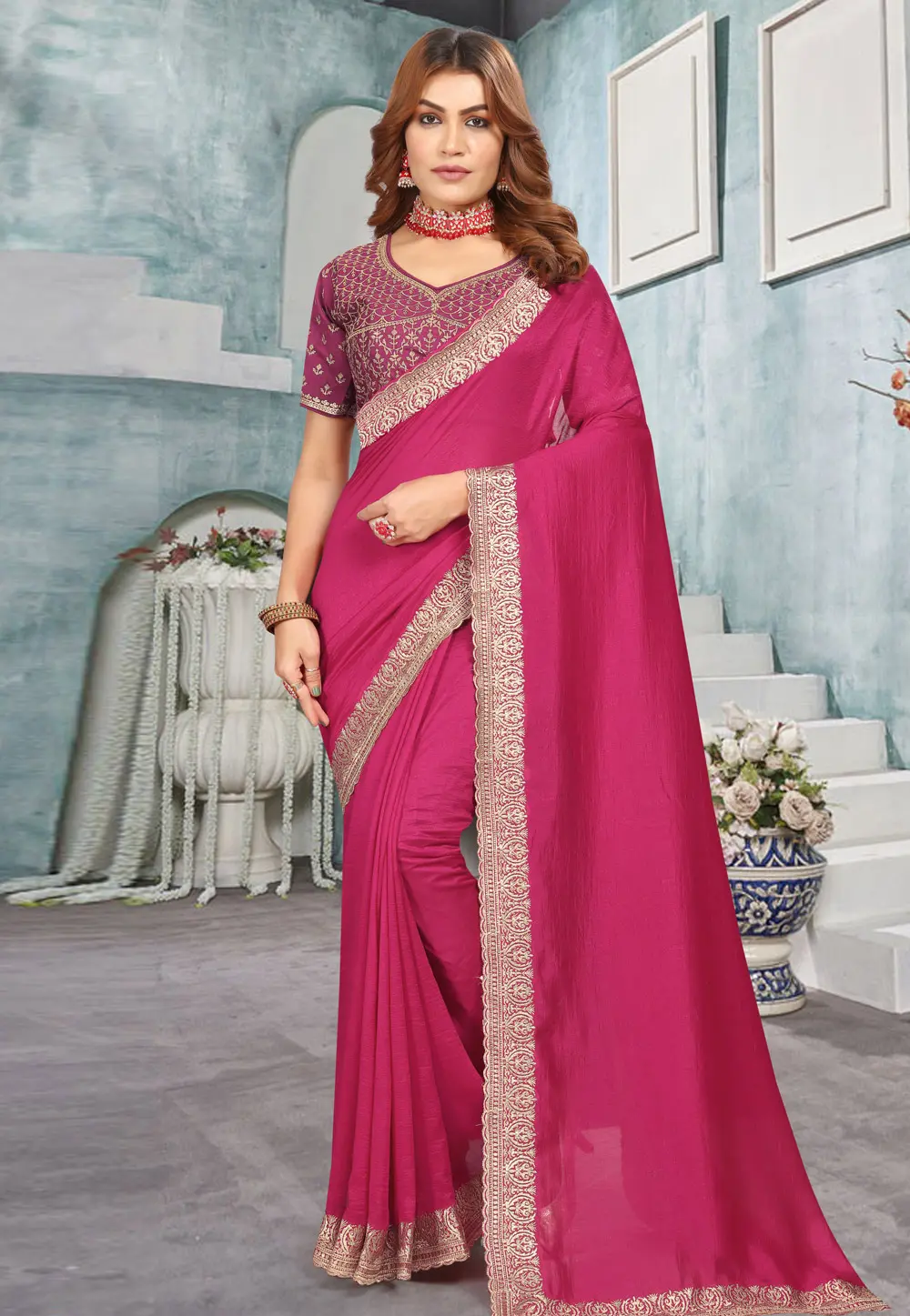 Magenta Silk Saree With Blouse 299108