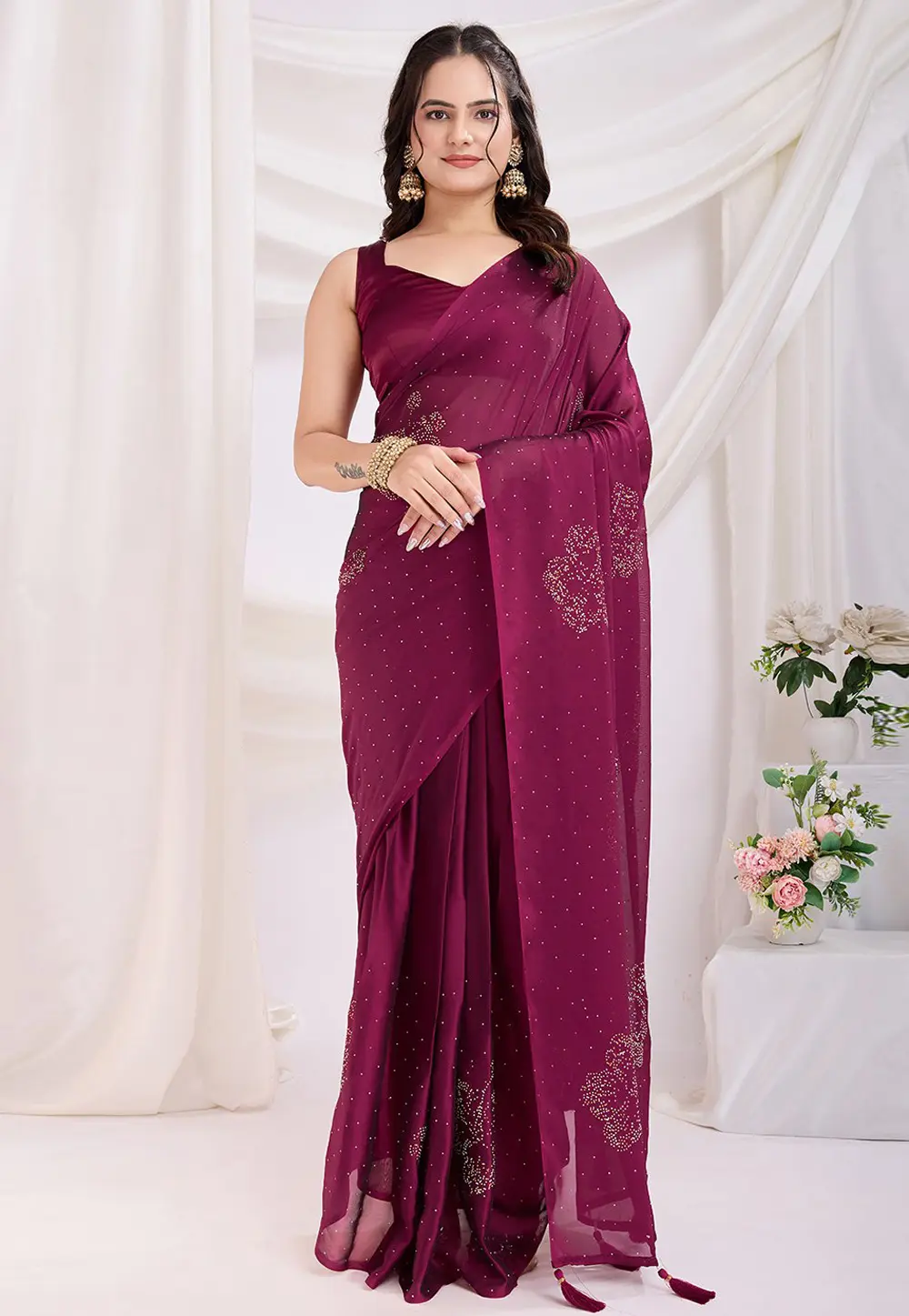 Wine Silk Saree With Blouse 303938