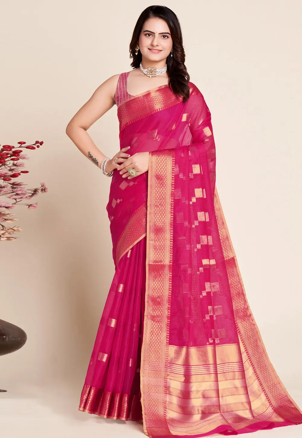 Magenta Silk Saree With Blouse 297107