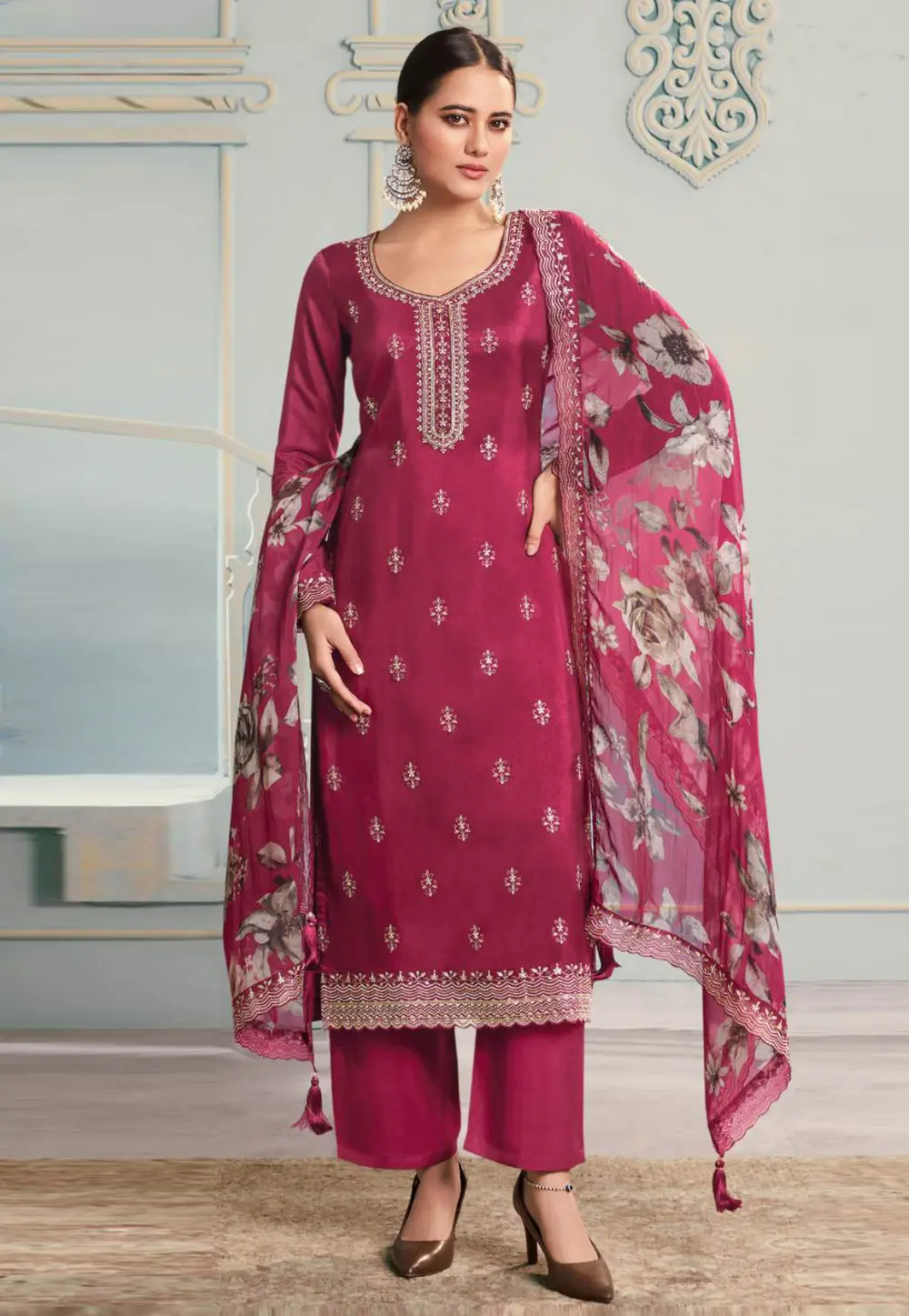 Magenta Silk Straight Suit 298628