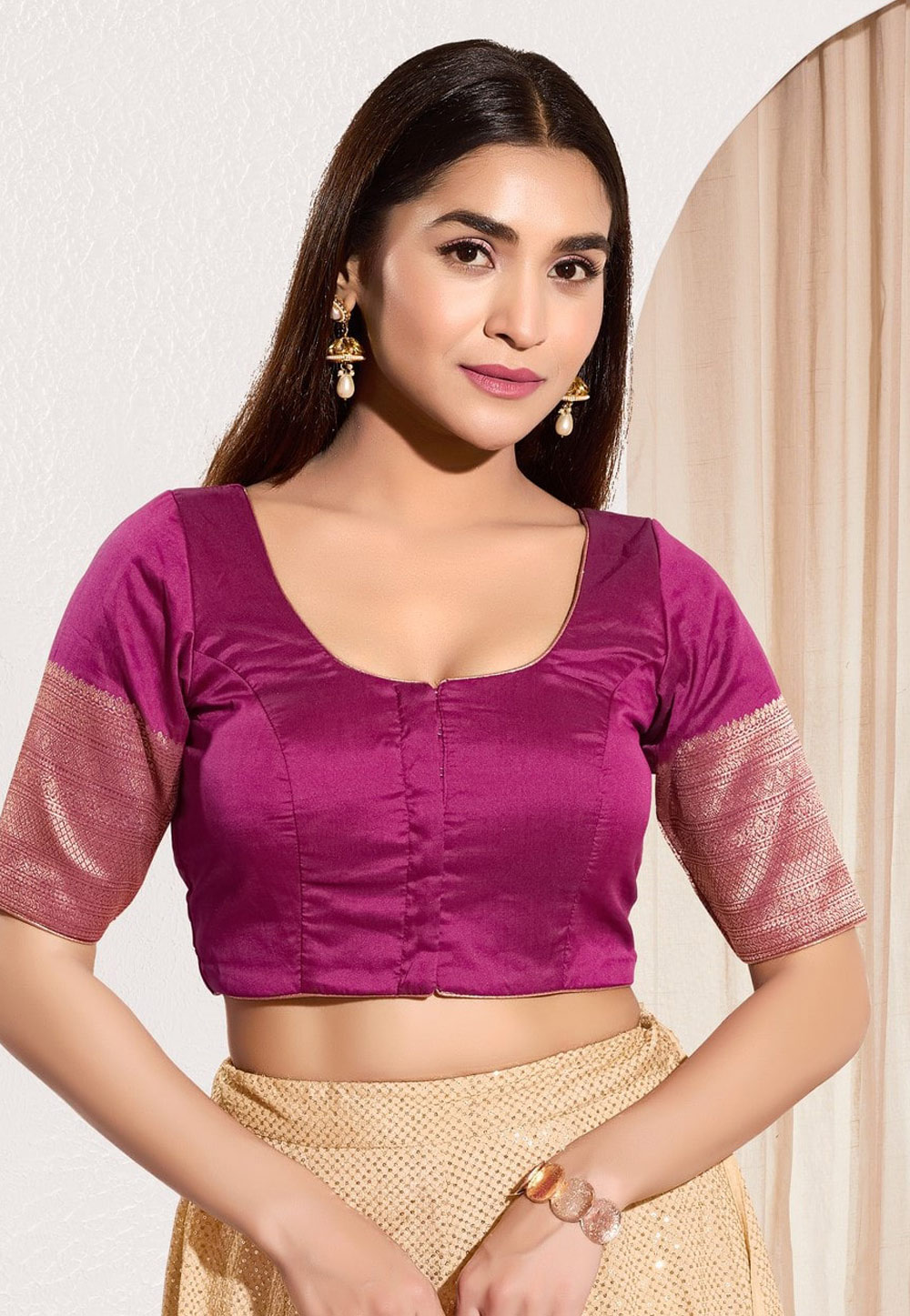 Magenta Taffeta Readymade Blouse 310674