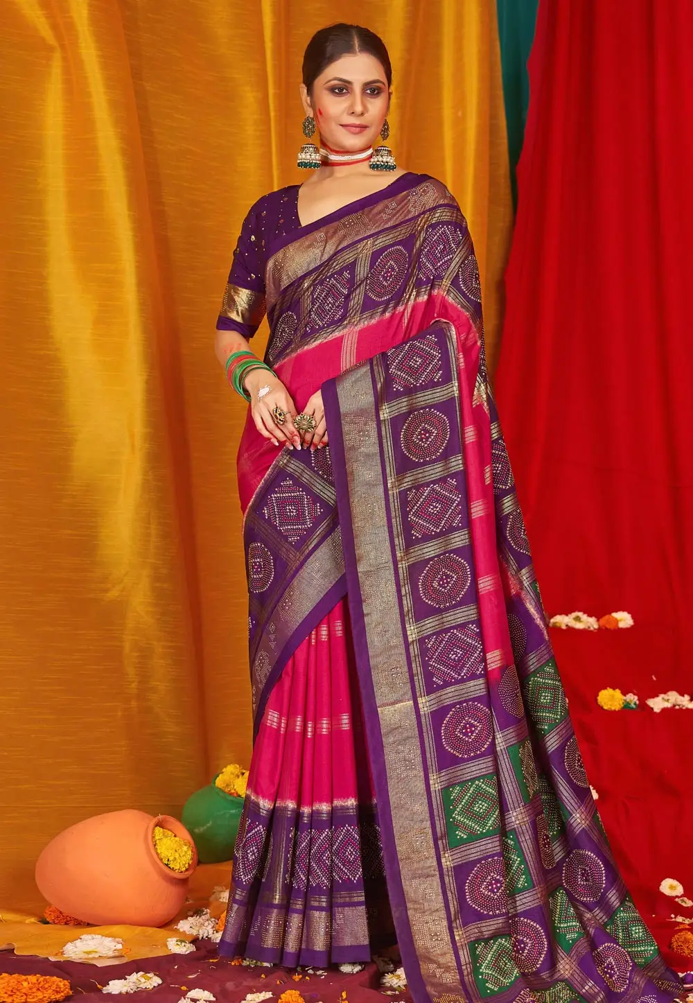 Magenta Tussar Silk Half N Half Saree 296095