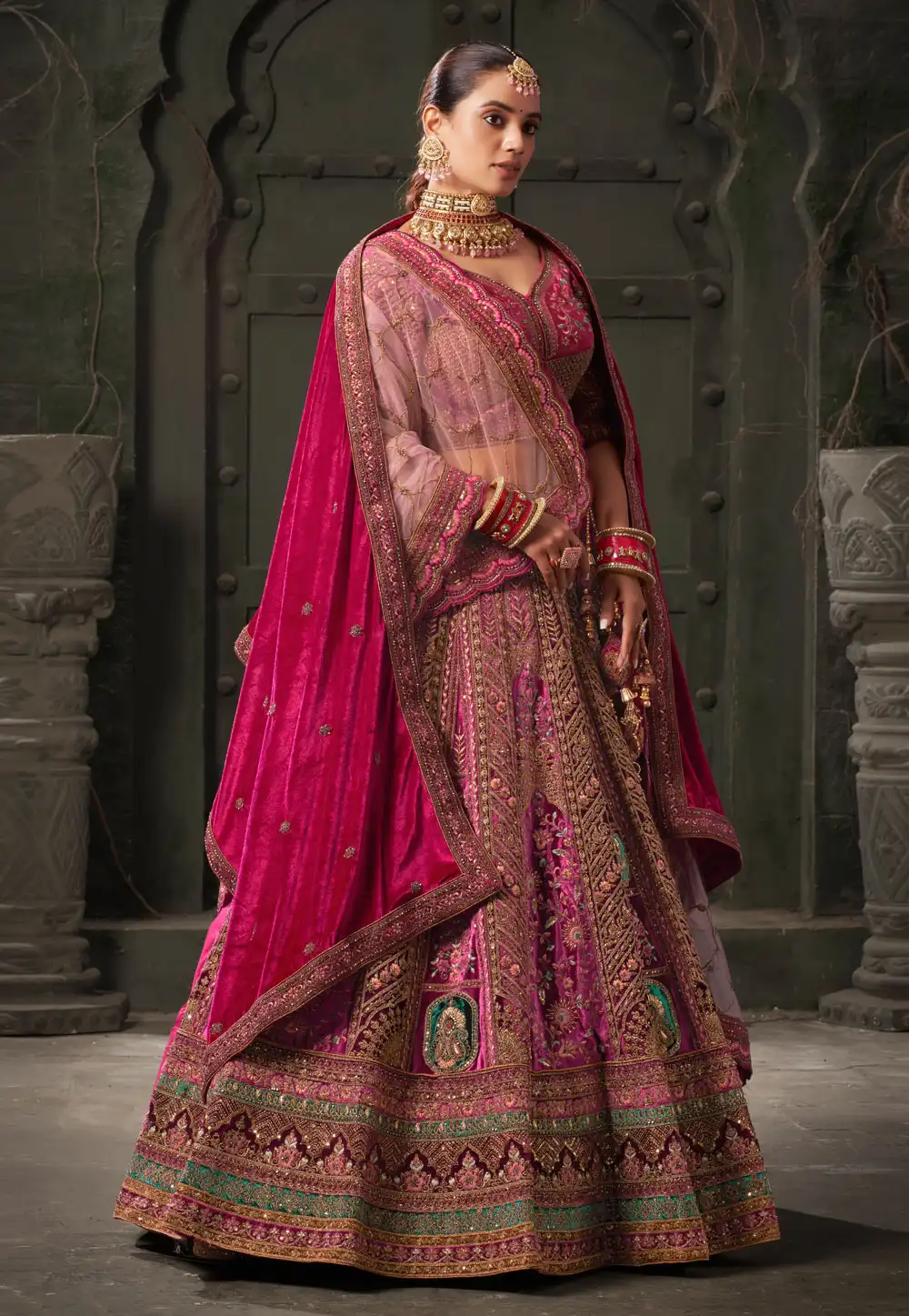 Magenta Velvet Bridal Lehenga Choli 292812