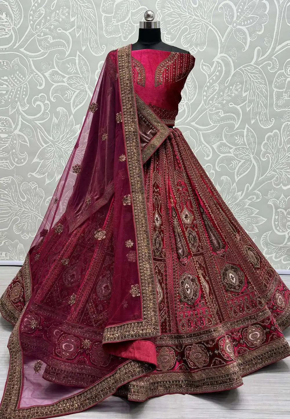 Magenta Velvet Bridal Lehenga Choli 289824