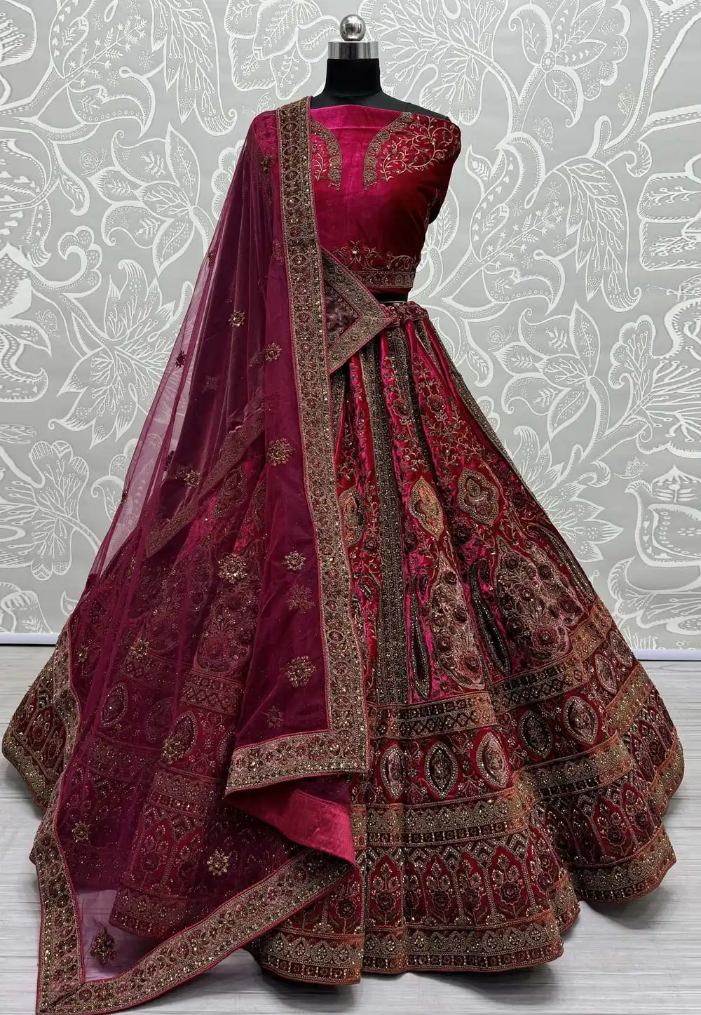 Magenta Velvet Bridal Lehenga Choli 290923