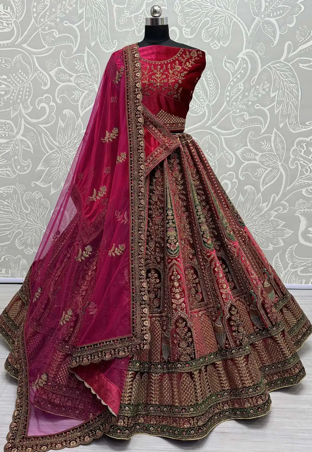 Magenta Velvet Bridal Lehenga Choli 290932