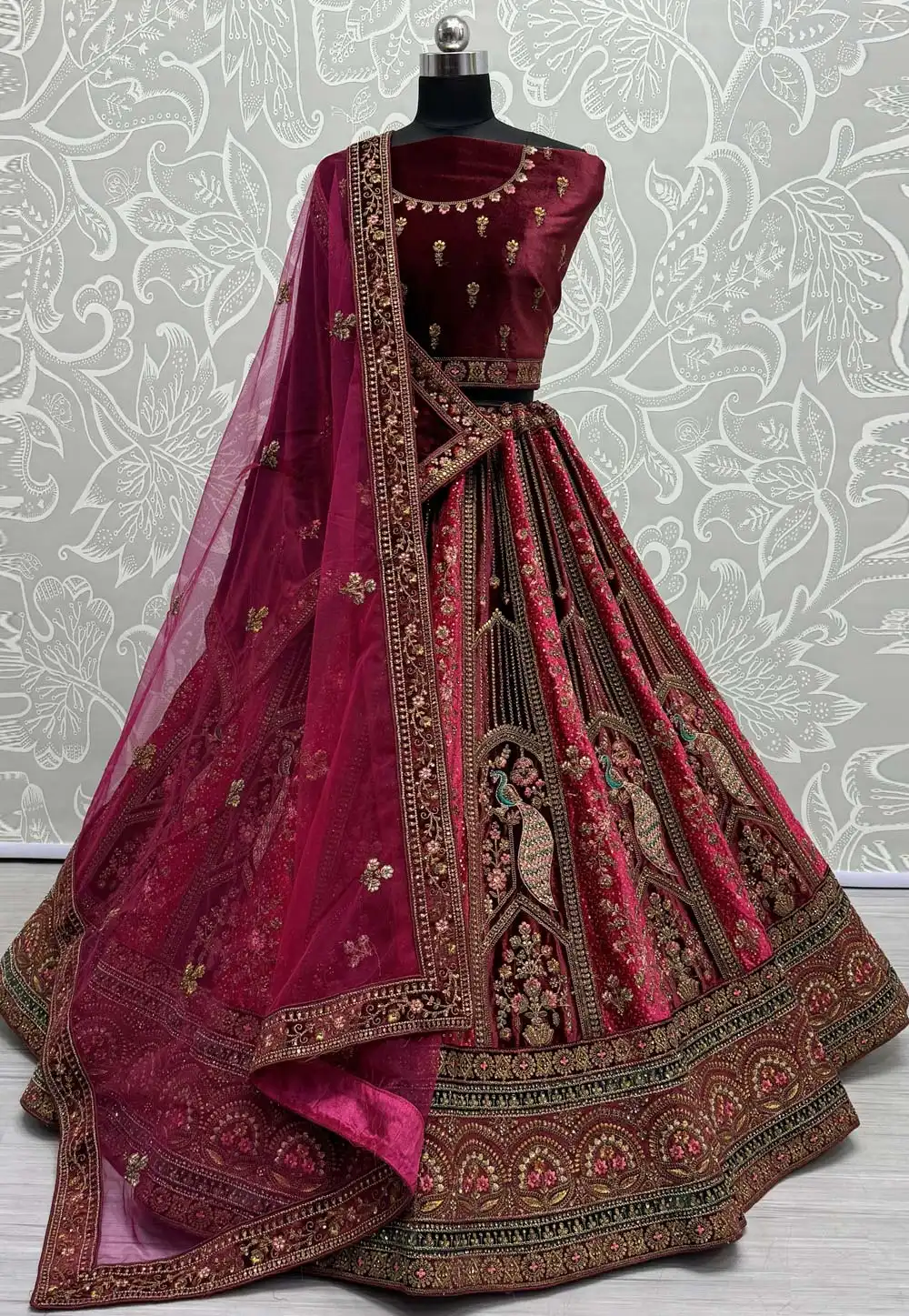 Magenta Velvet Bridal Lehenga Choli 290939