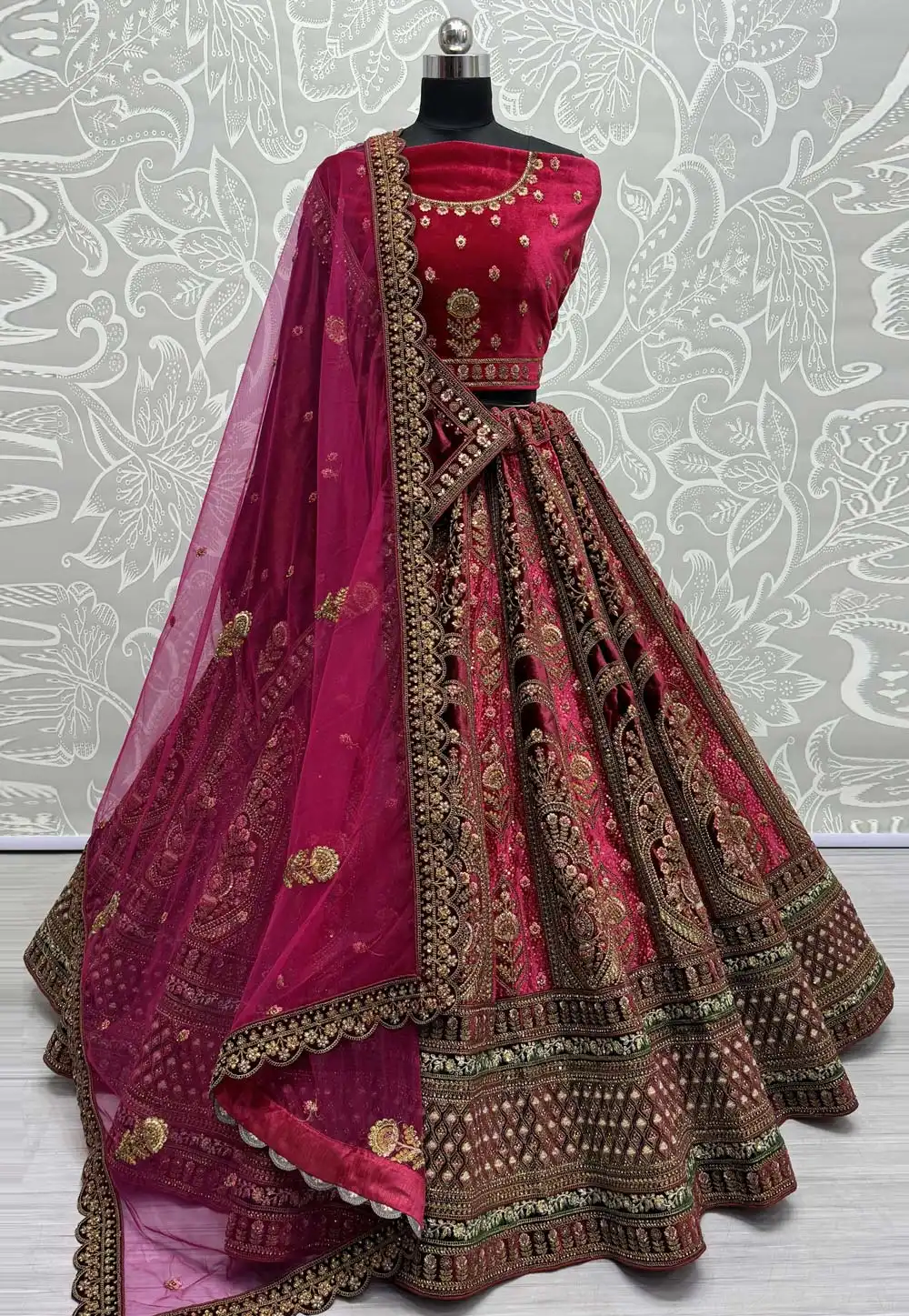 Magenta Velvet Bridal Lehenga Choli 290941