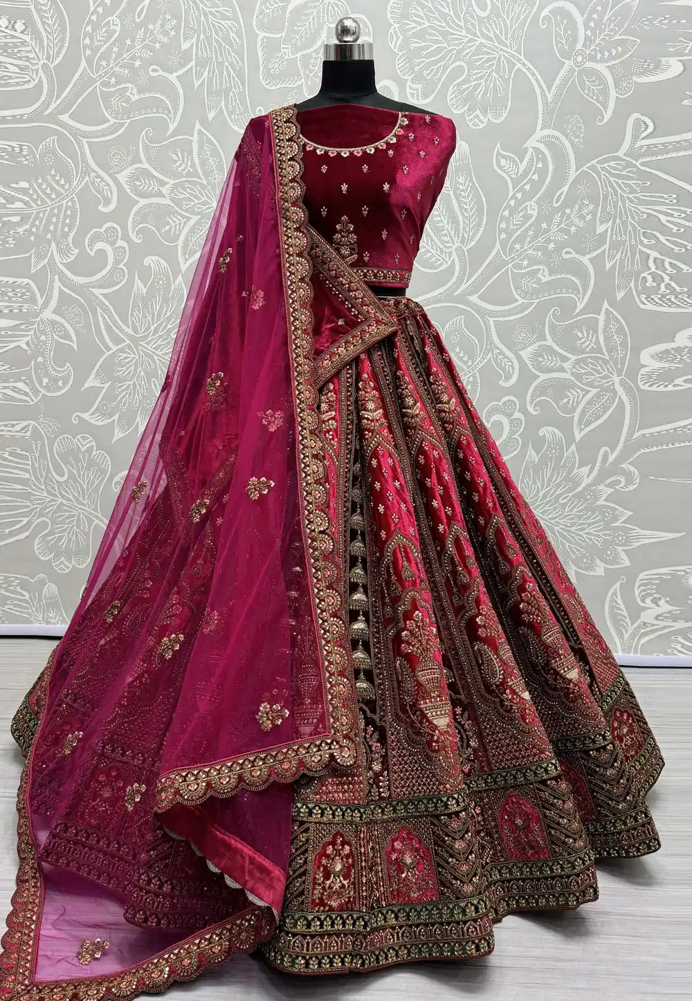 Magenta Velvet Bridal Lehenga Choli 290944