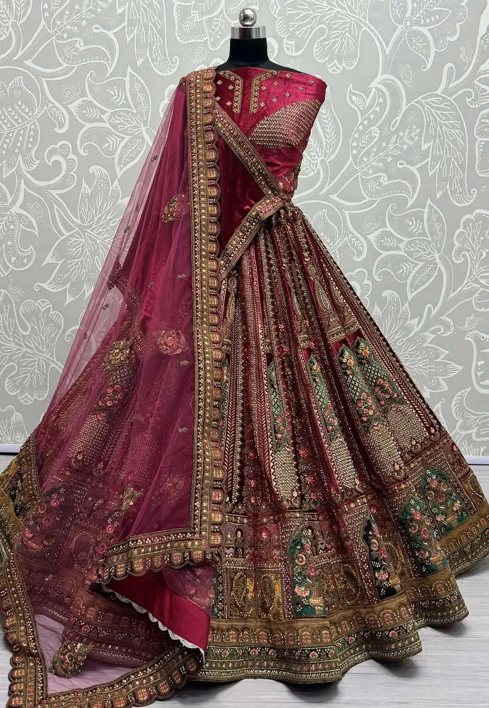 Magenta Velvet Bridal Lehenga Choli 292129