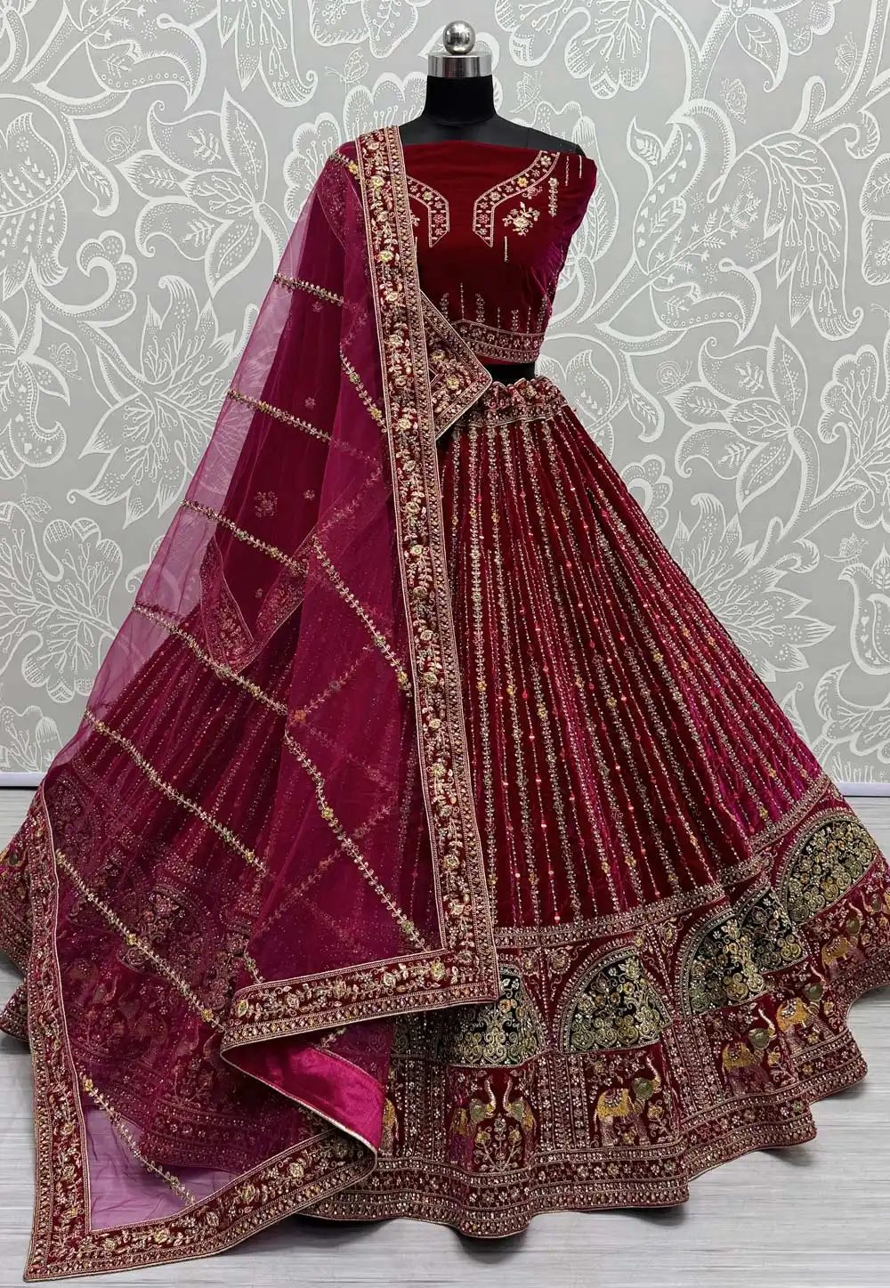 Magenta Velvet Bridal Lehenga Choli 293256