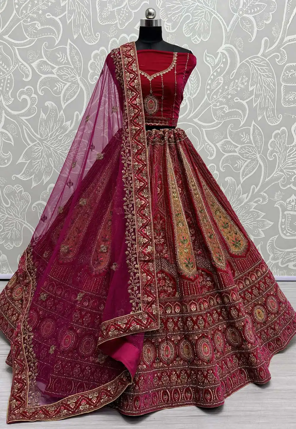 Magenta Velvet Bridal Lehenga Choli 293710