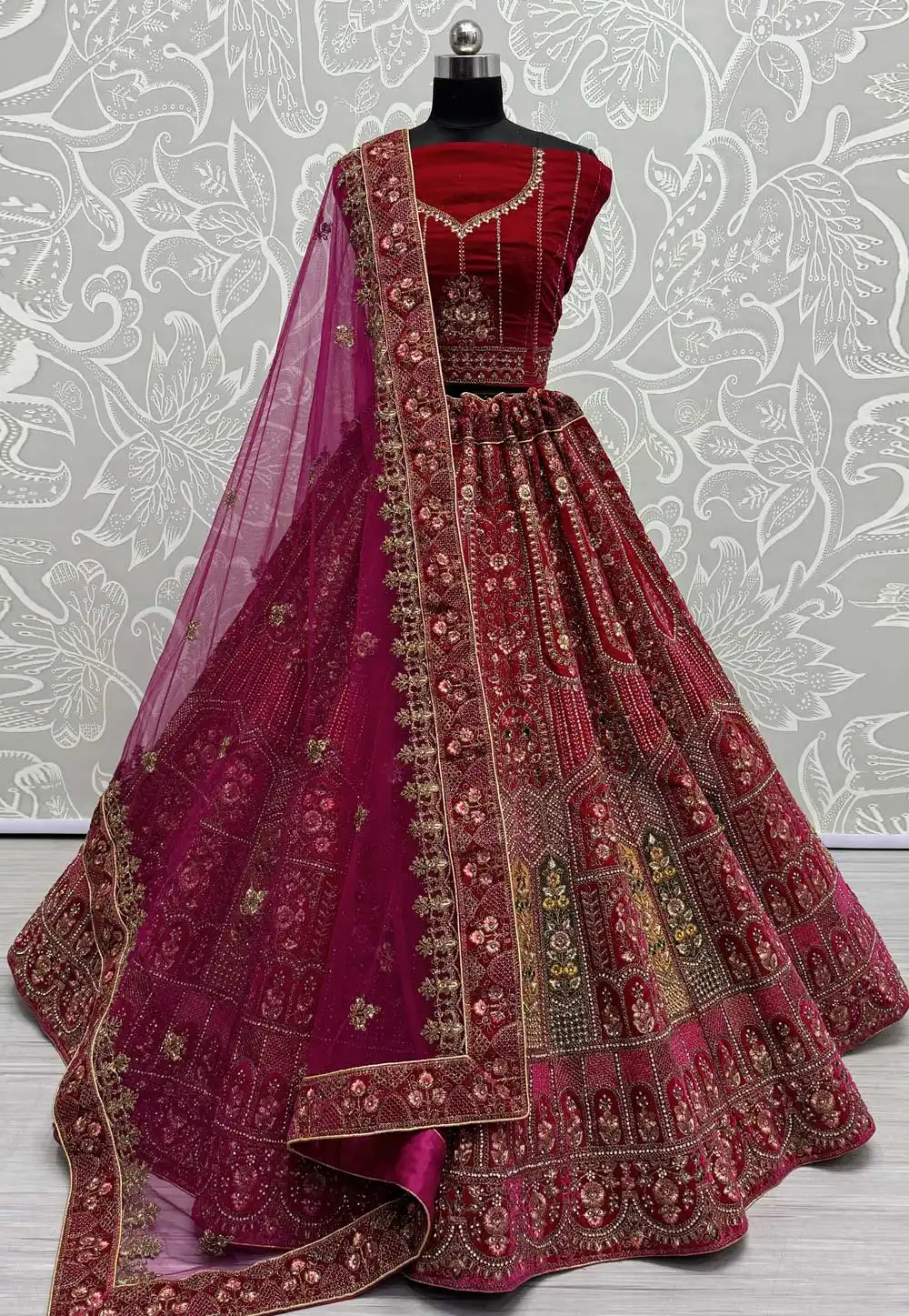 Magenta Velvet Bridal Lehenga Choli 294874