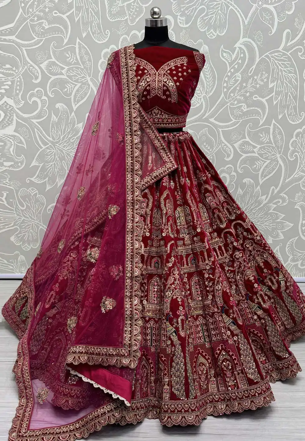 Magenta Velvet Bridal Lehenga Choli 294876