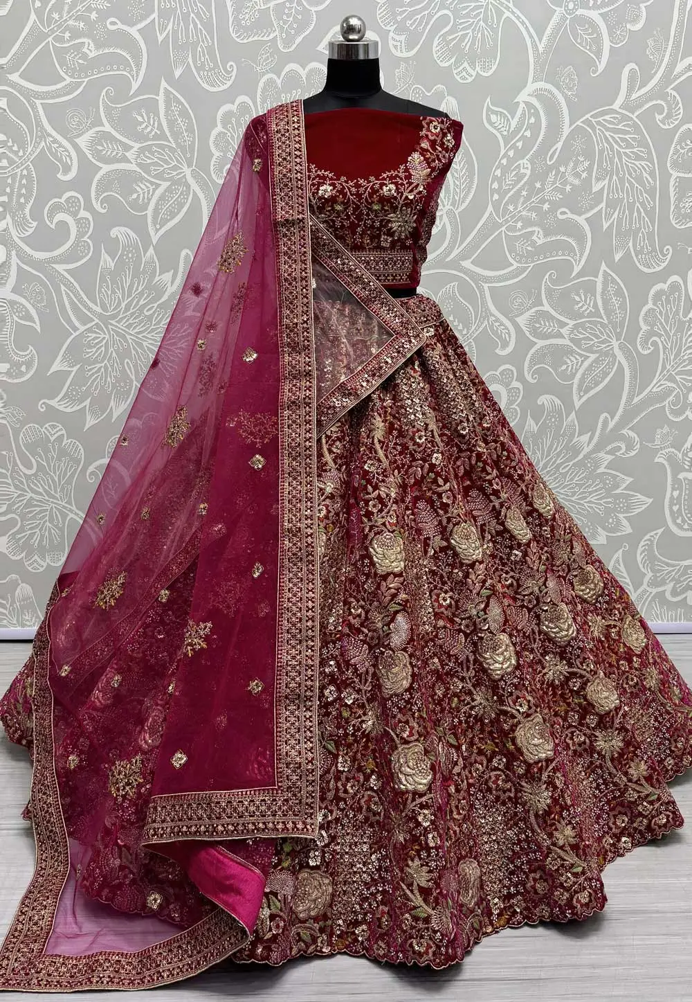 Magenta Velvet Bridal Lehenga Choli 295543