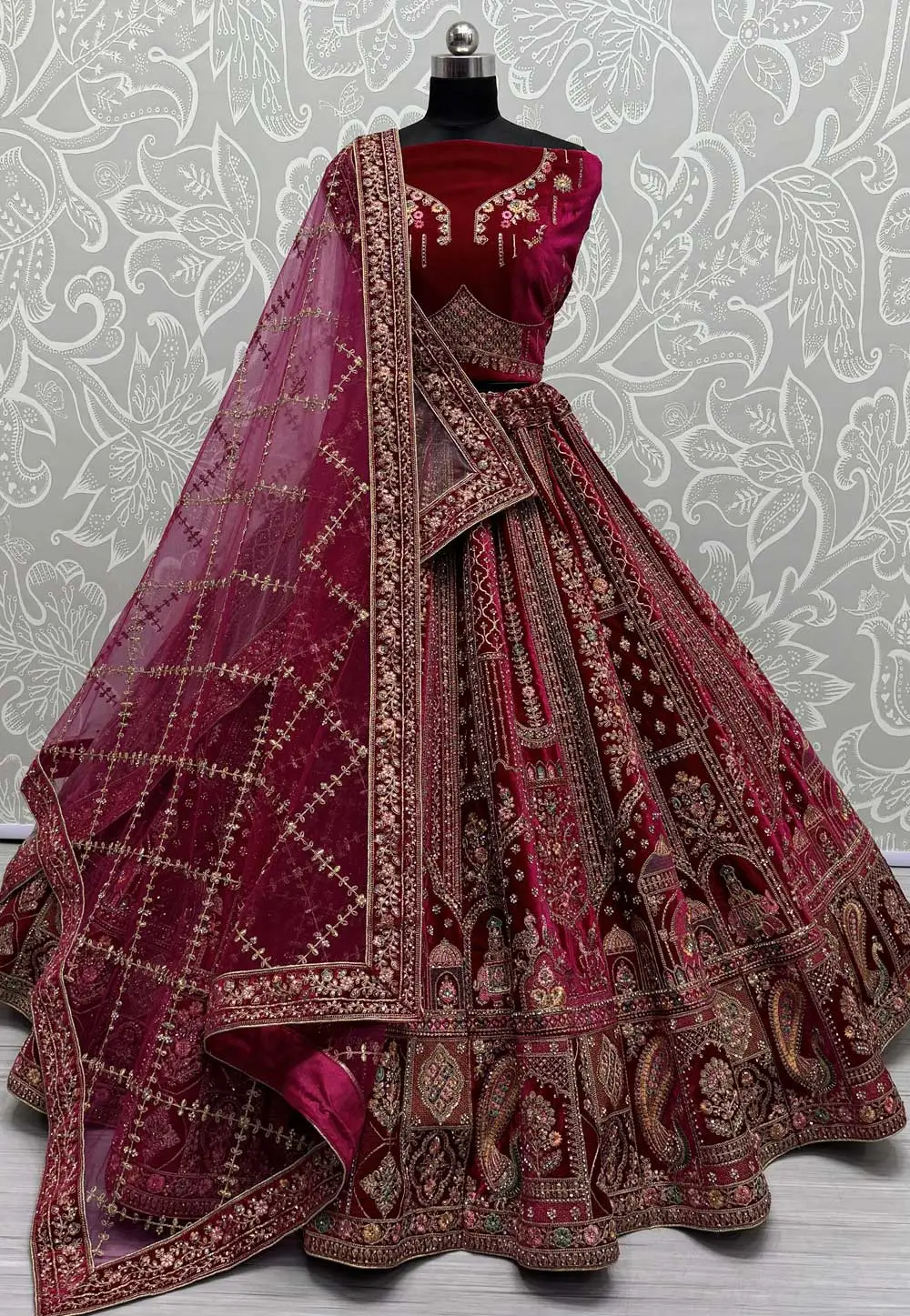 Magenta Velvet Bridal Lehenga Choli 295548