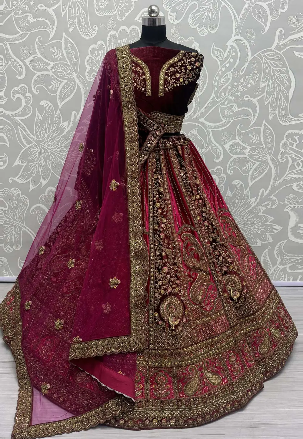 Magenta Velvet Bridal Lehenga Choli 297070