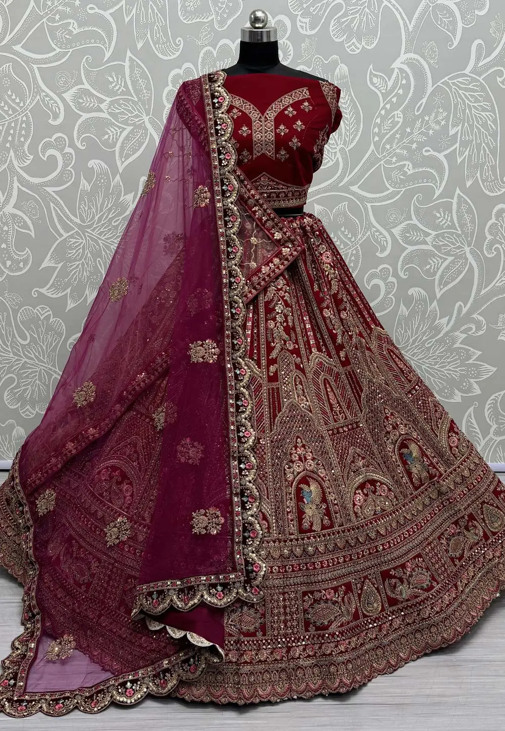 Magenta Velvet Bridal Lehenga Choli 297073