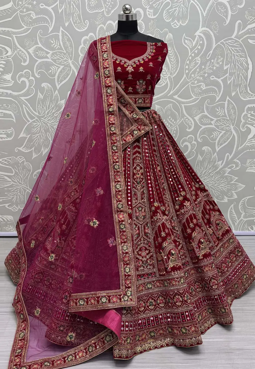 Magenta Velvet Bridal Lehenga Choli 297079