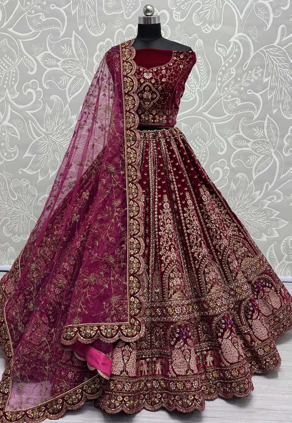 Magenta Velvet Bridal Lehenga Choli 305026