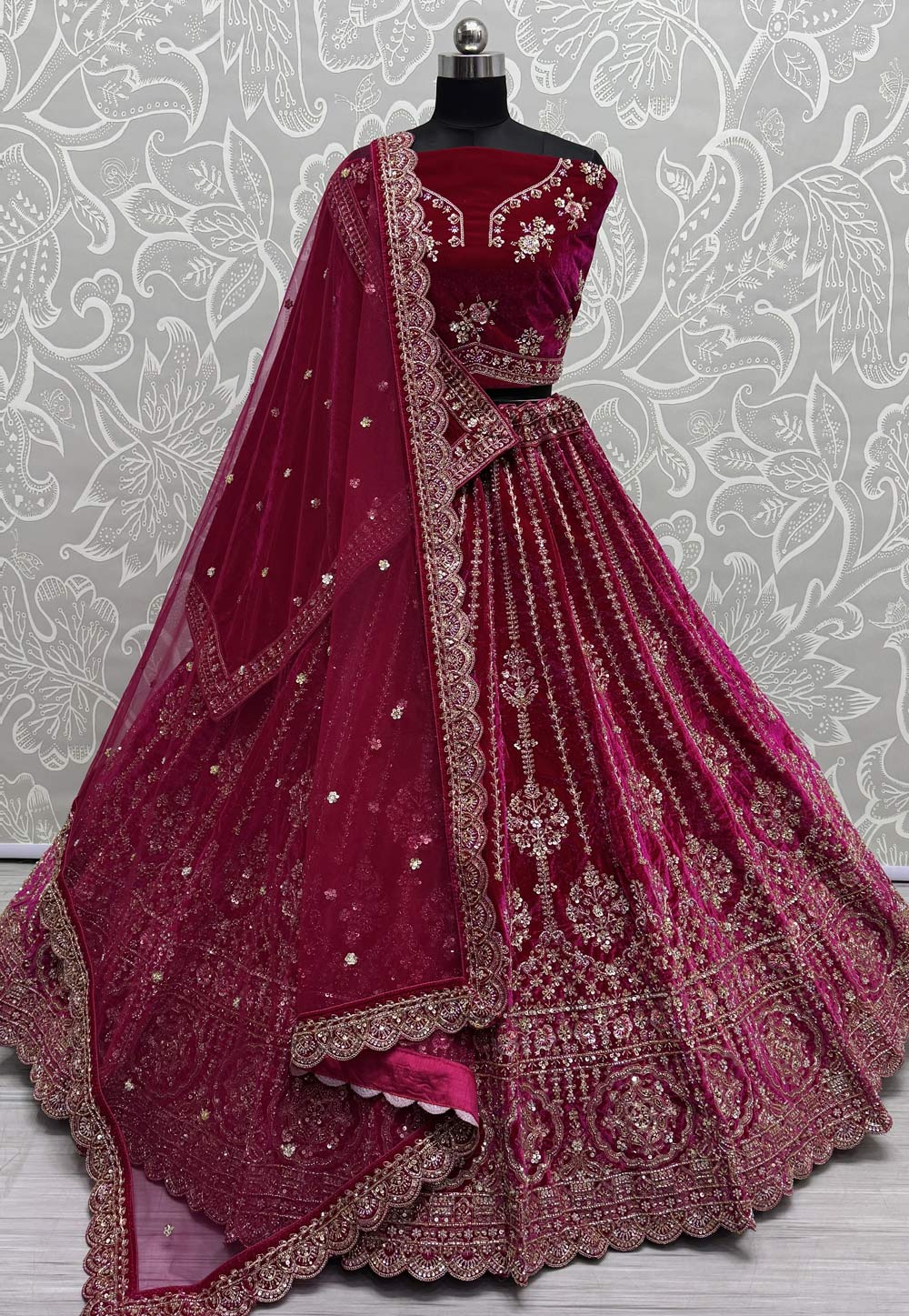 Magenta Velvet Bridal Lehenga Choli 305277