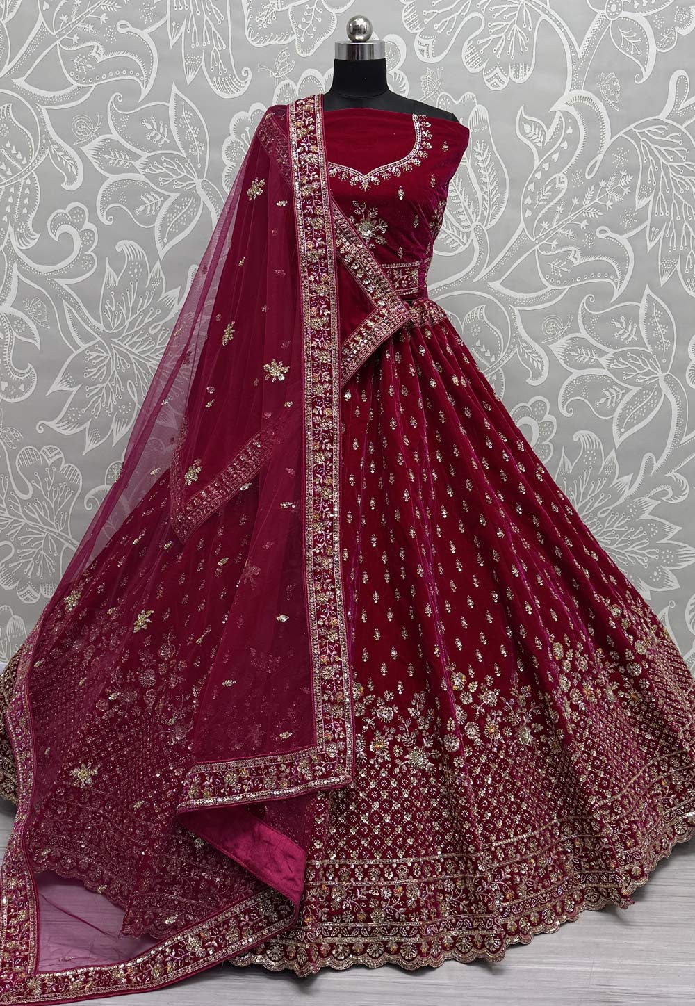 Magenta Velvet Bridal Lehenga Choli 305278