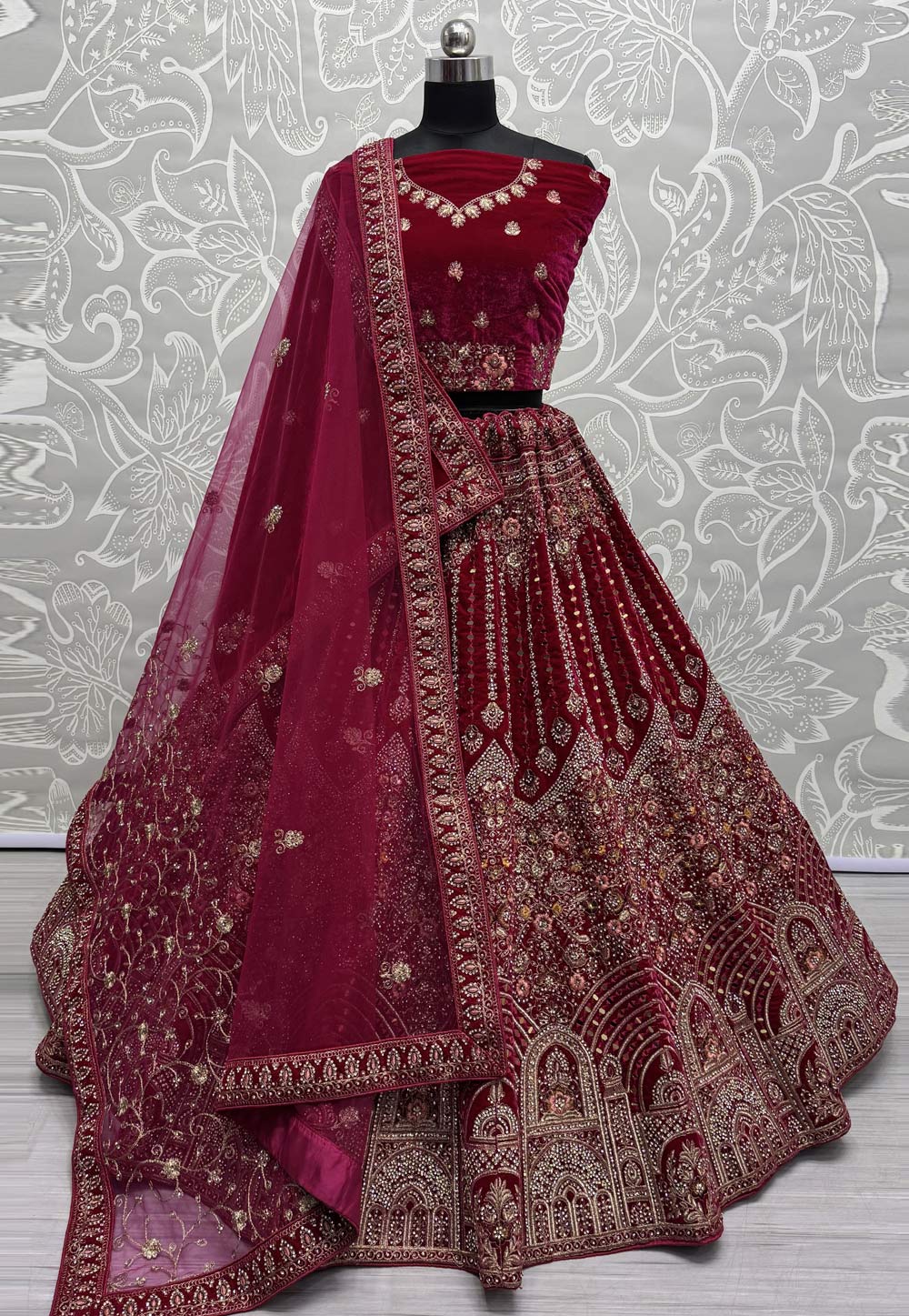 Magenta Velvet Bridal Lehenga Choli 305285