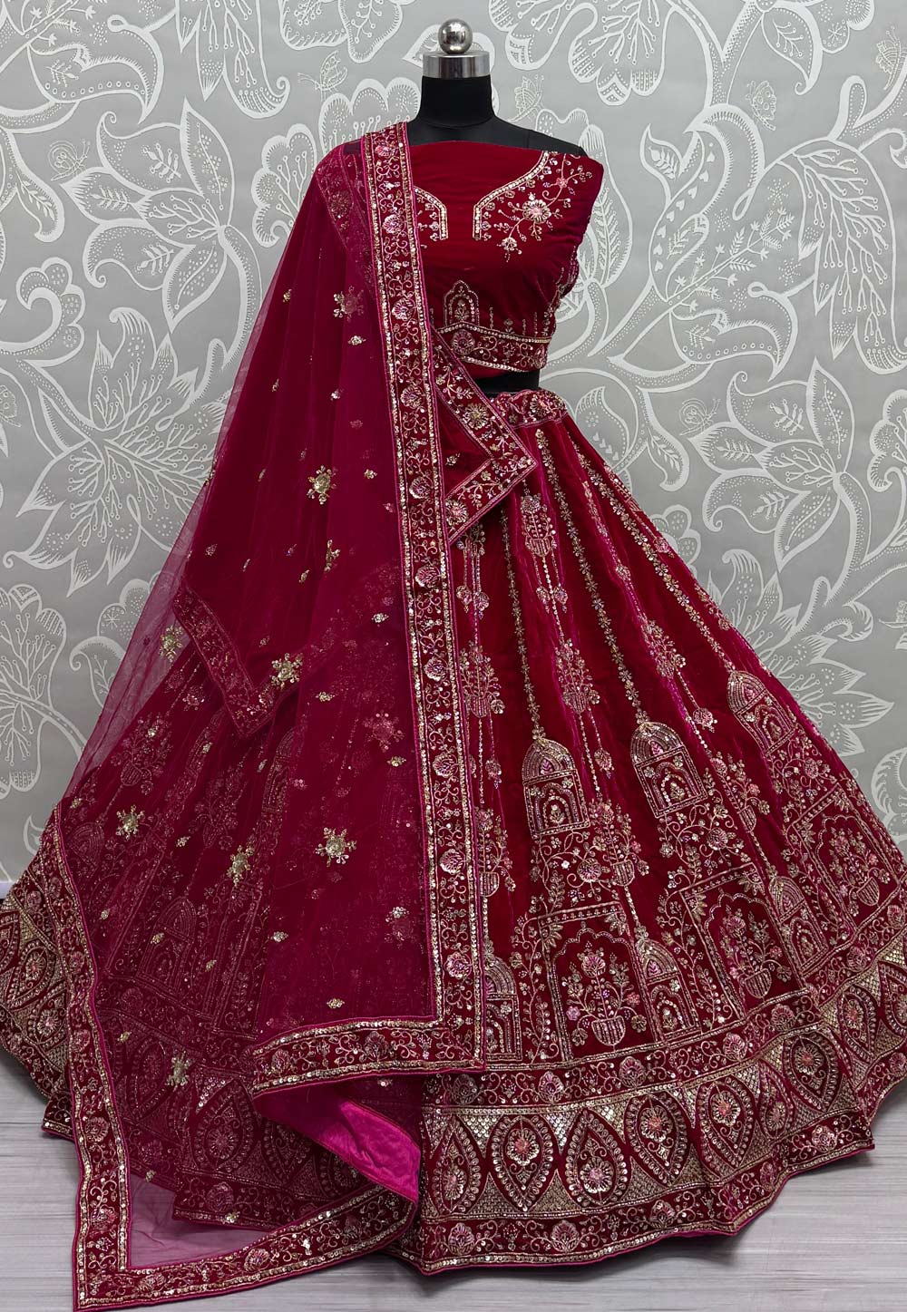Magenta Velvet Bridal Lehenga Choli 309675