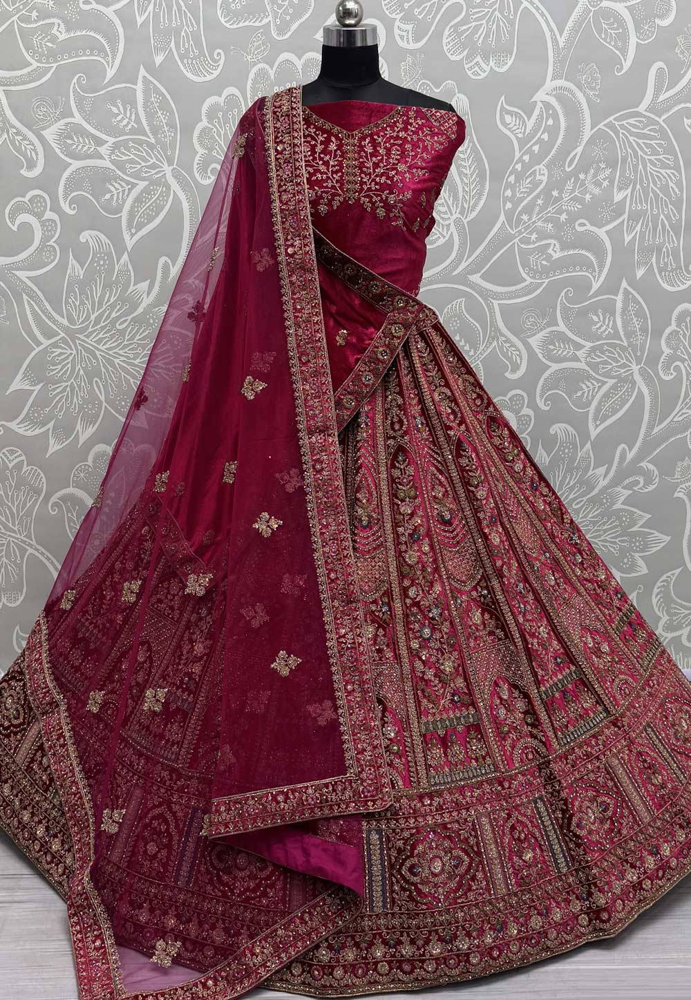 Magenta Velvet Bridal Lehenga Choli 309682