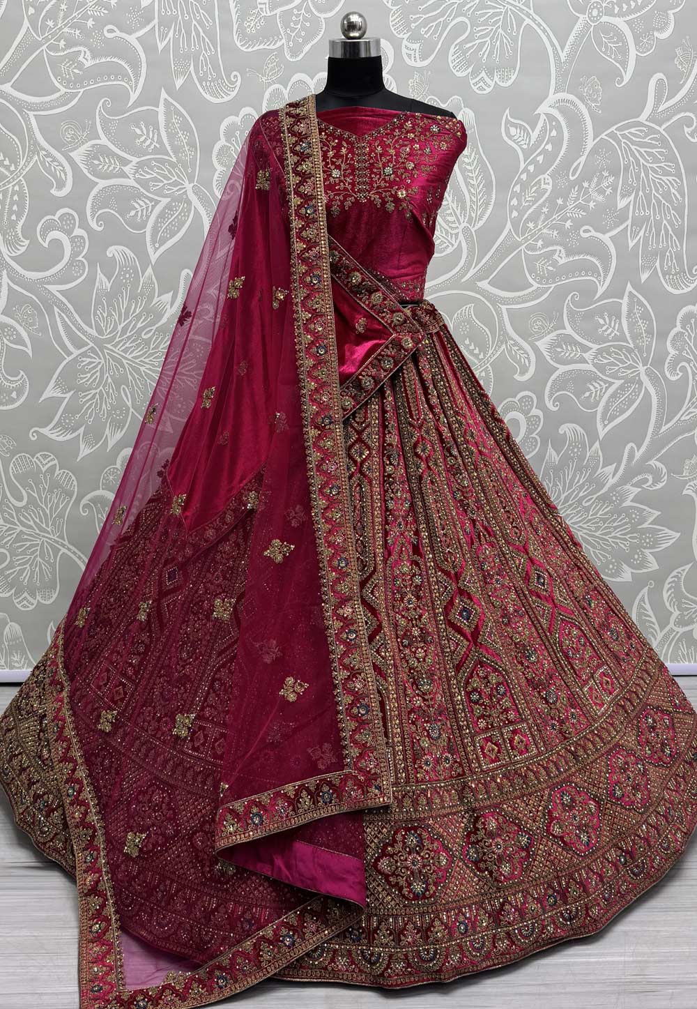 Magenta Velvet Bridal Lehenga Choli 309683