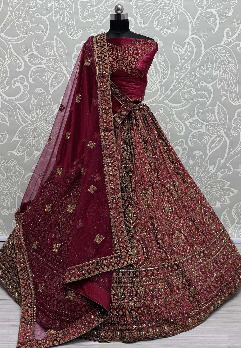 Magenta Velvet Bridal Lehenga Choli 310319