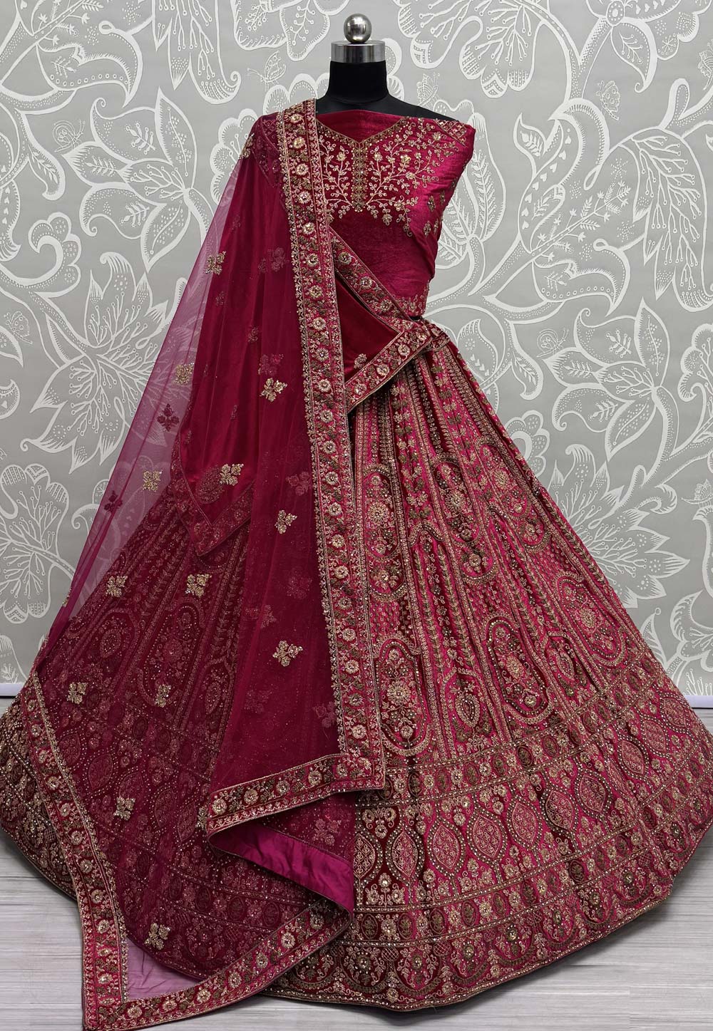 Magenta Velvet Bridal Lehenga Choli 310322