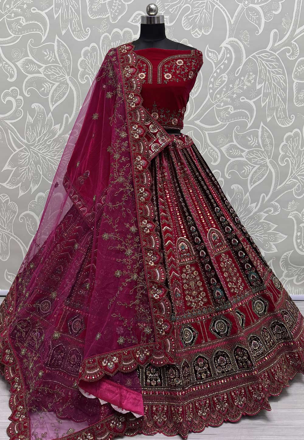 Magenta Velvet Bridal Lehenga Choli 310901