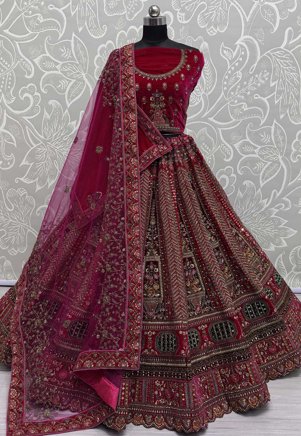 Magenta Velvet Bridal Lehenga Choli 310903