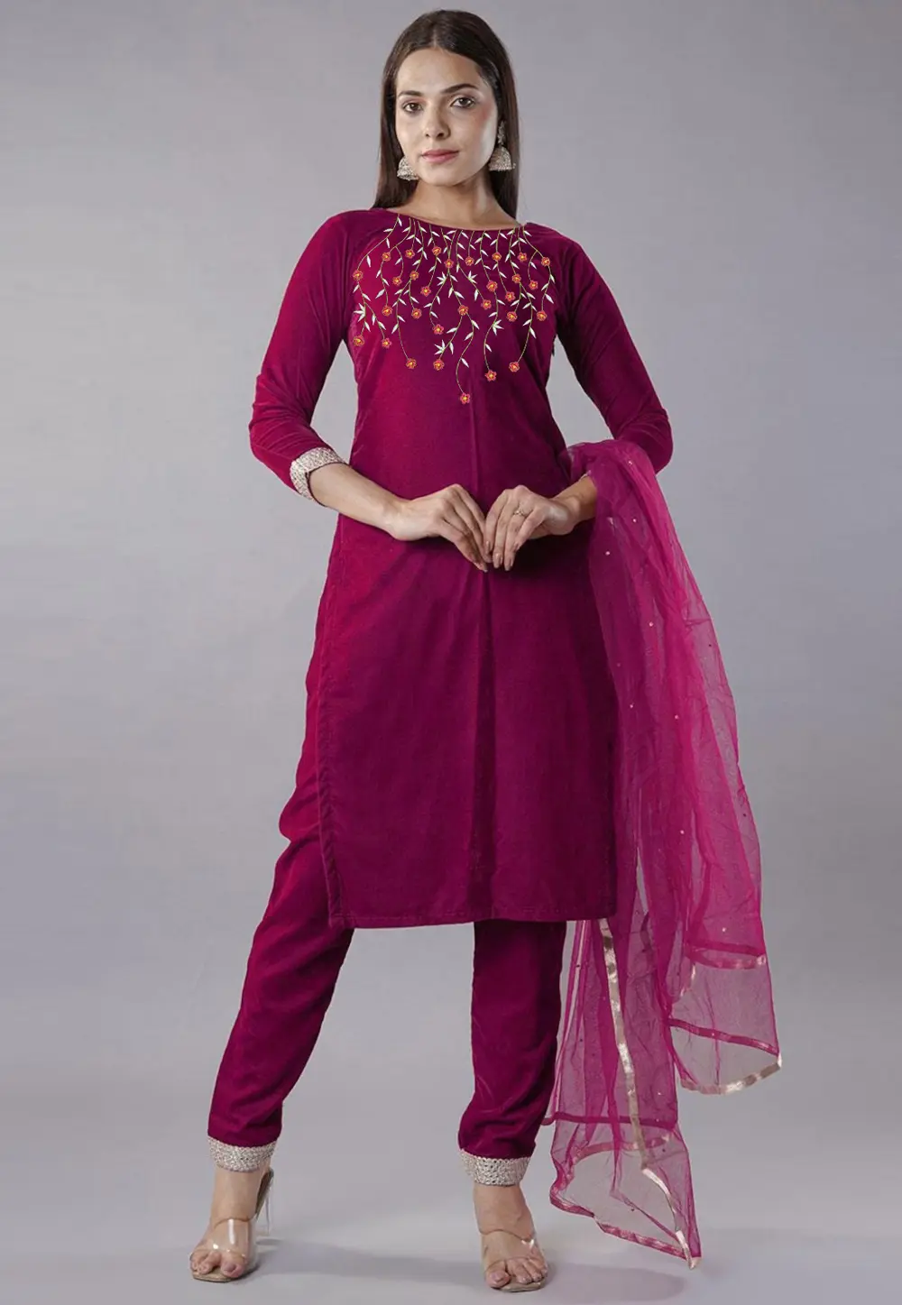 Magenta Velvet Readymade Pakistani Suit 301683