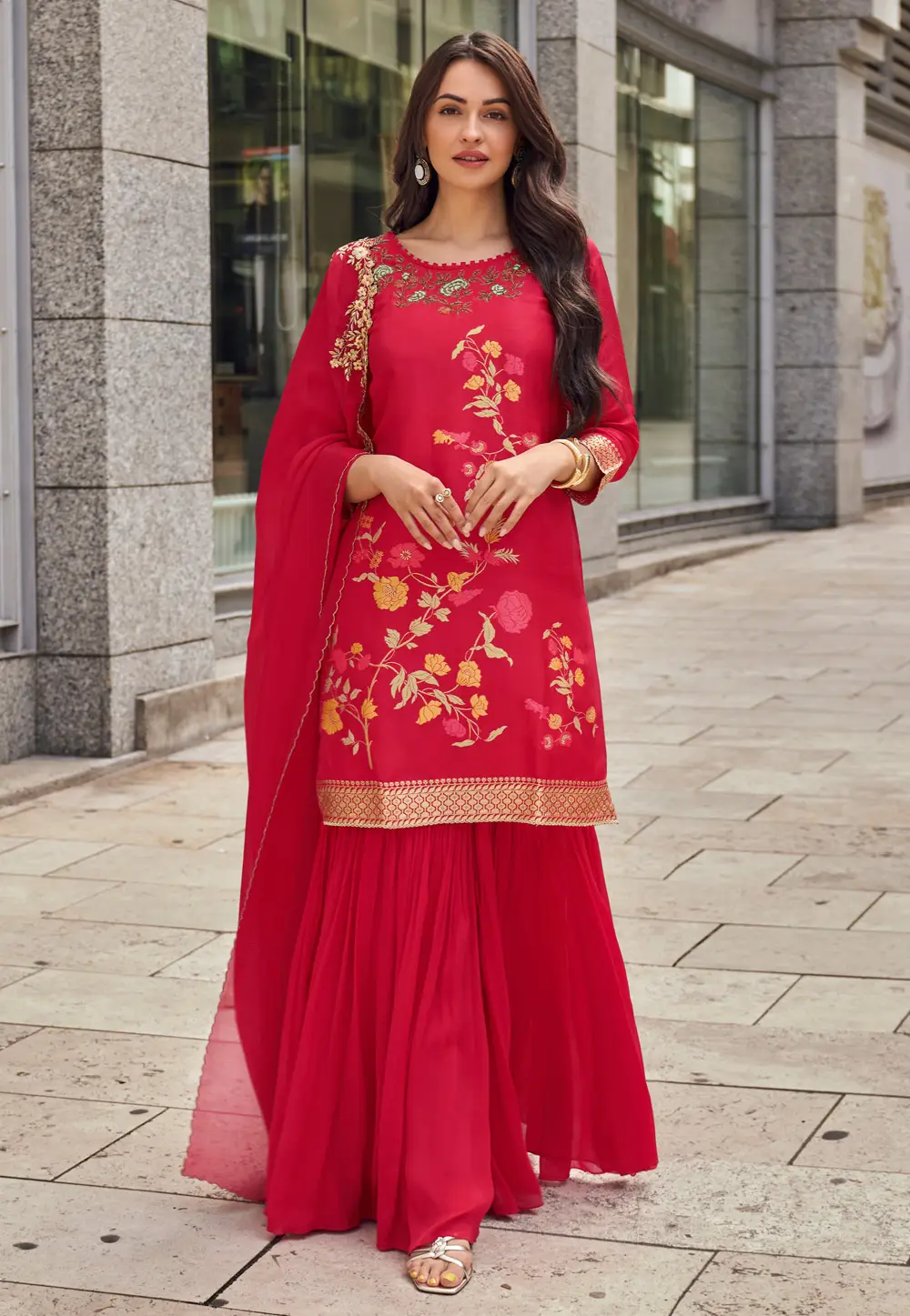 Magenta Viscose Jacquard Gharara Suit 297095